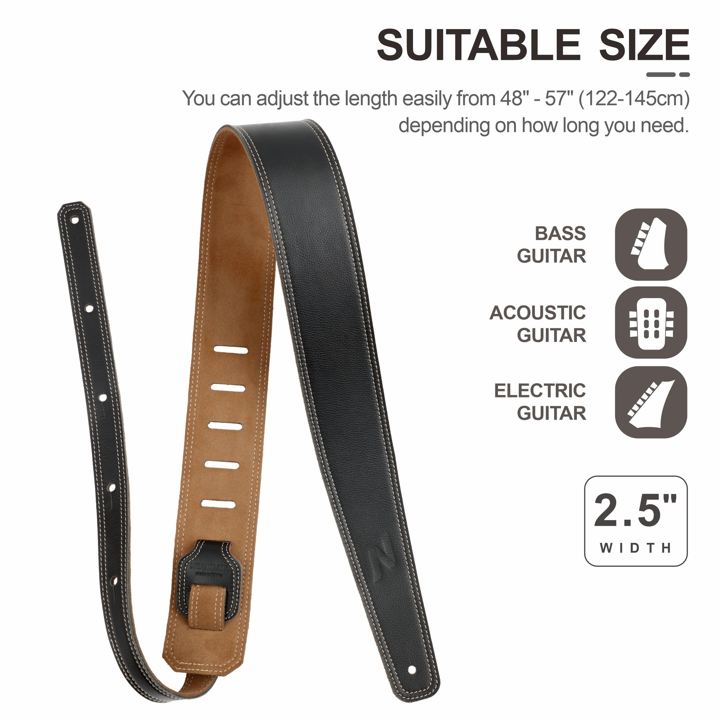 Nefelibata Guitar Strap, 2.5'' Wide Black Lychee Grain Leather Guitar Straps with Foam Padding and Cable Storage Loop, for Kids,