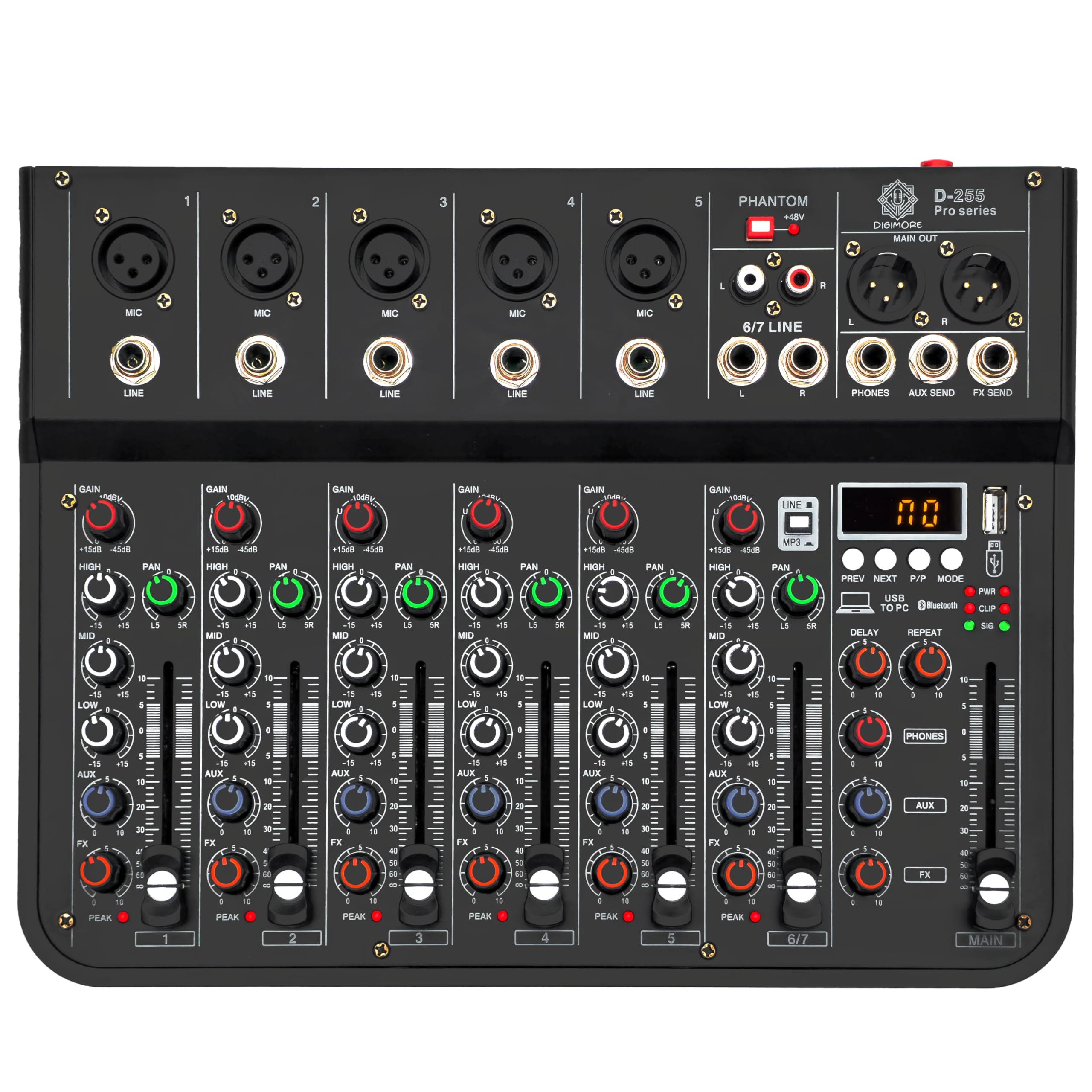 Digimore 7 Channel Audio Mixer With Usb & Bt Playback | 48V Phantom Power | Stereo Xlr Outs | Delay & Reverb Effects | Ideal For