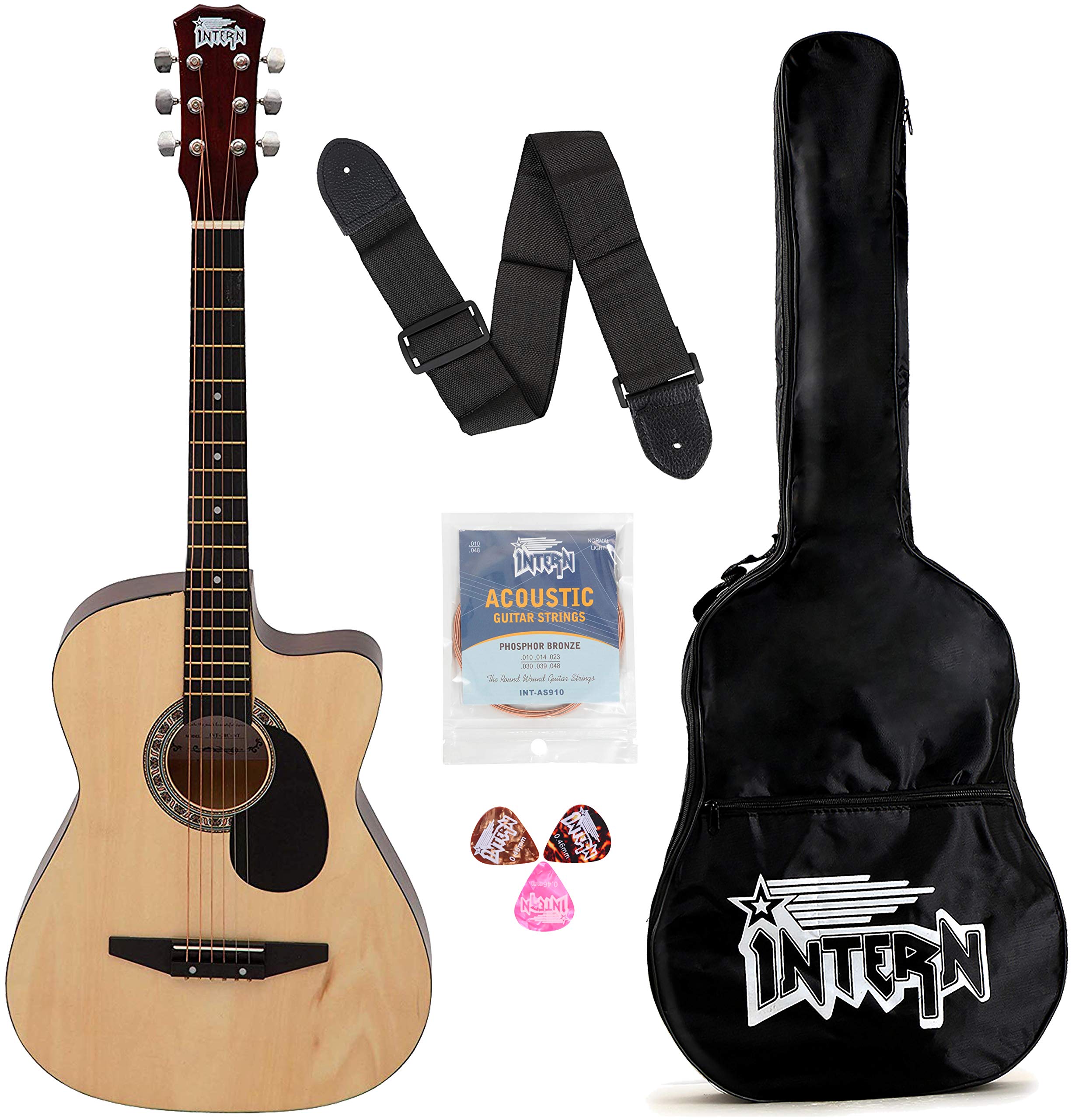 Intern INT-38C-NT-G 38 Incheses lindenwood Right HAnded Acoustic Guitar Kit With Bag, Strings, Pick And Strap (Natural, 6-String