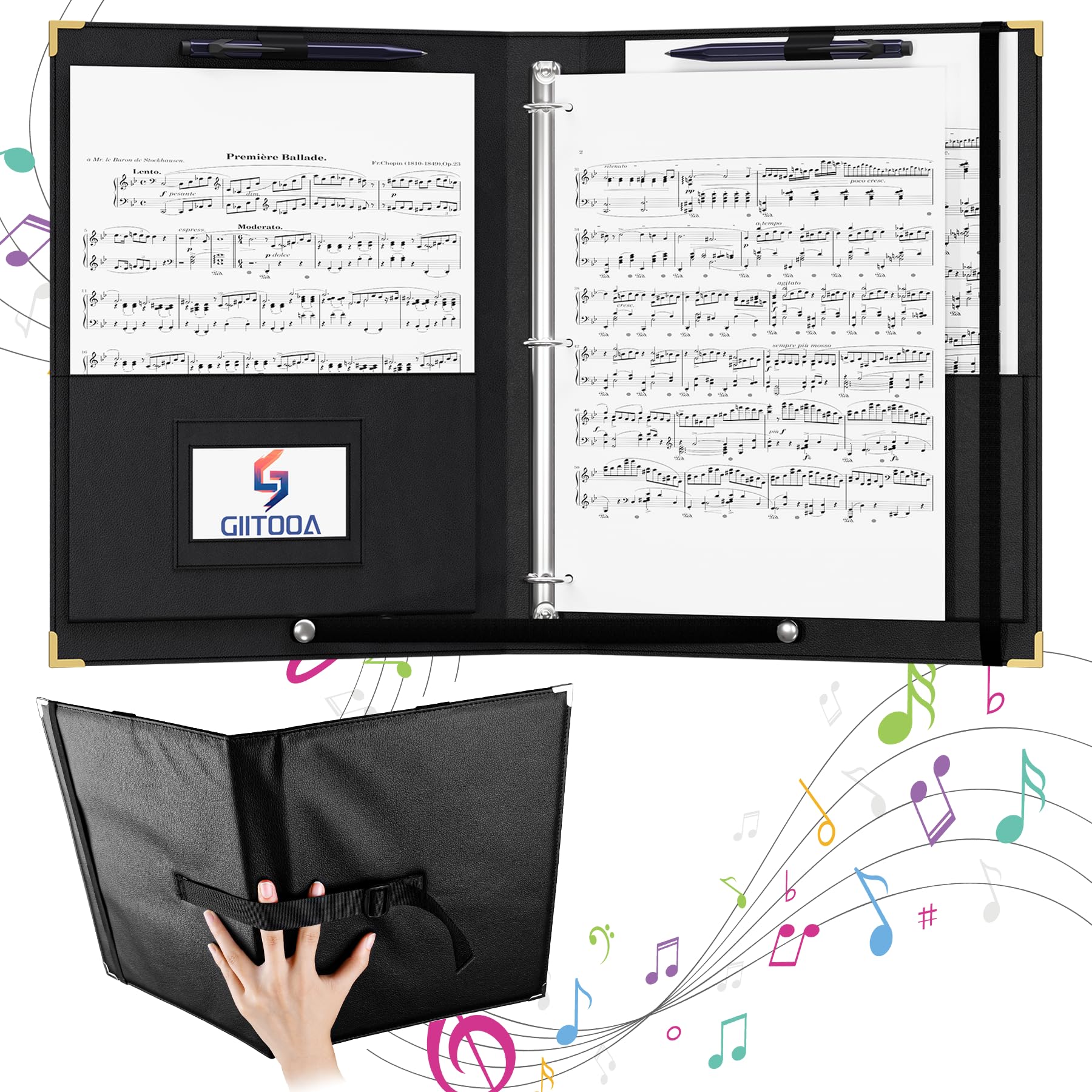 Choral Music Folders 3 Ring, Sheet Music Folder with Hand and Strap, Letter / A4 Size Choir Music Holder, Music Binders for Shee