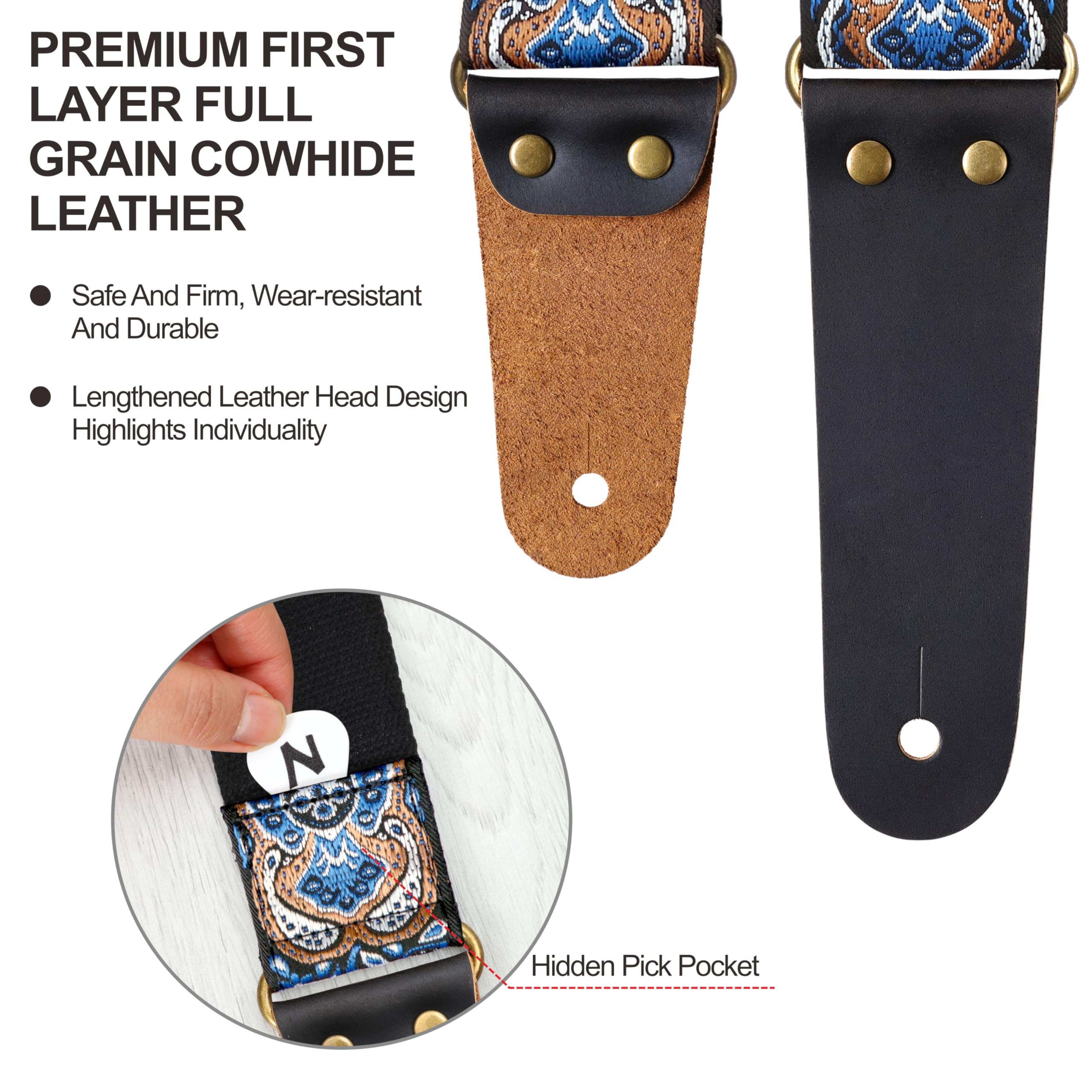 Nefelibata Guitar Strap, Vintage Embroidered Cotton Guitar Straps with Genuine Leather Ends for Bass, Electric & Acoustic Guitar