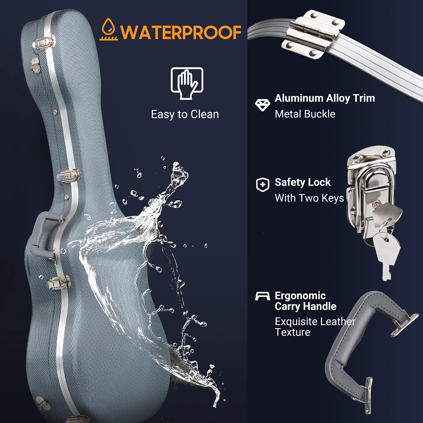 CAHAYA Acoustic Guitar Case ABS Waterproof Hard Case 41 Inch Gig Bag 0.6 Inch Thick Padding for Acoustic Classical Guitars, Navy