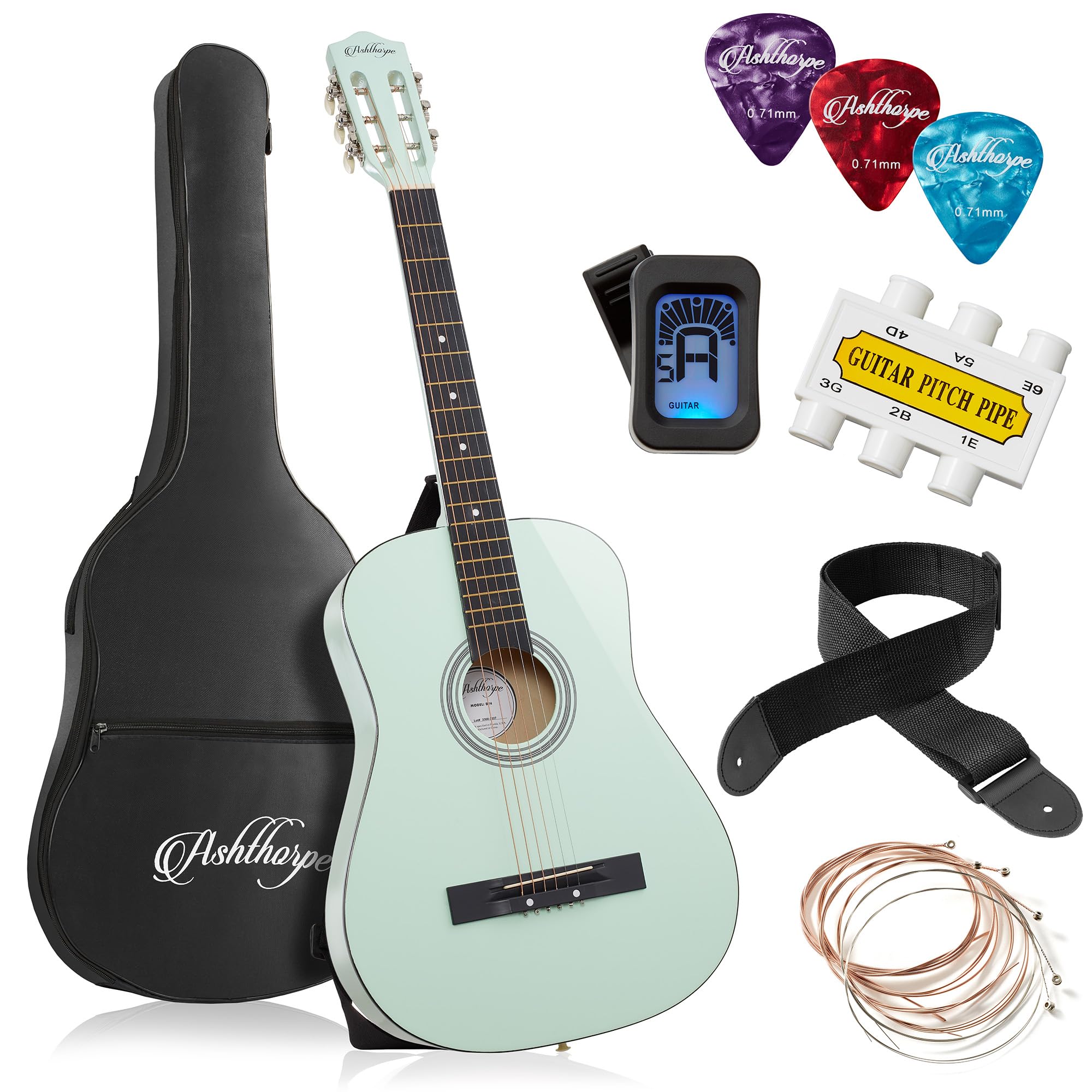 Ashthorpe 38-inch Beginner Acoustic Guitar Package (Mint Green), Basic Starter Kit w/Gig Bag, Strings, Strap, Tuner, Picks