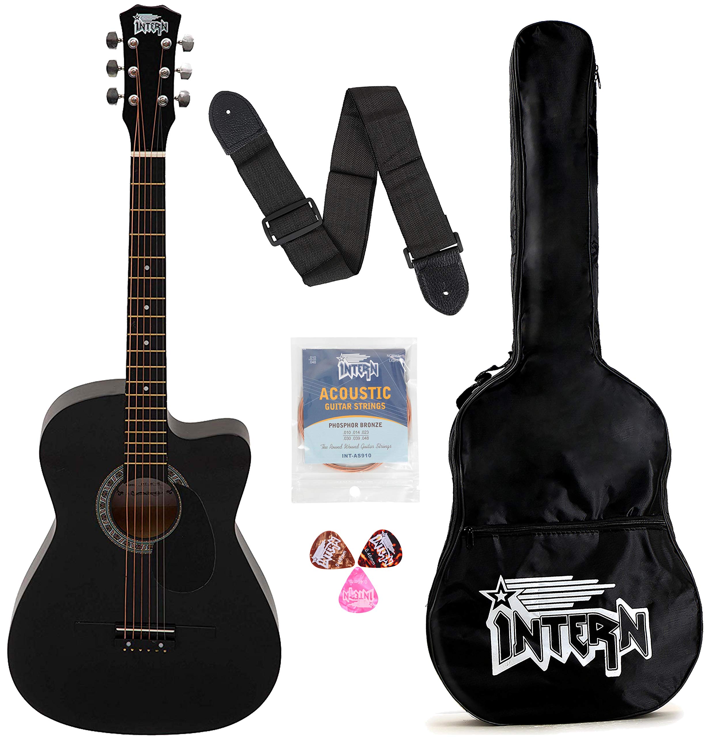 Intern INT-38C-BK-G Cutaway Right Handed Acoustic Guitar Kit, with Bag, Nickel Strings, Pick And Strap (Black) -6 Strings