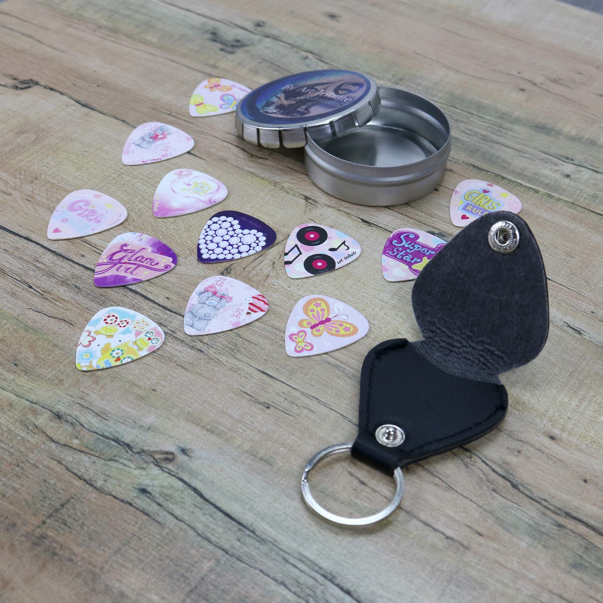 Kids Guitar Picks For Girls Pink Butterfly Christmas Gift Cool 12 Medium Celluloid Picks W/FREE BONUS Sleek Tin Box & Pick Holde