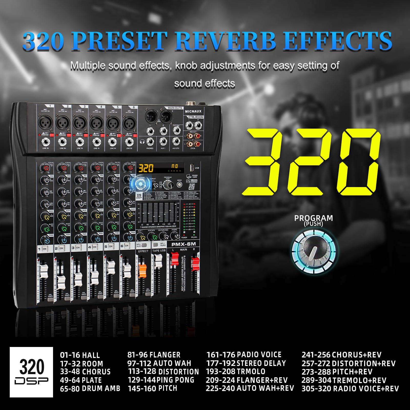 MICNAUX Audio Mixer 6 Channel Professional Mixer Console with 320 DSP Effects, 7-band EQ Sound Mixing Board Digital DJ Mixer w/U