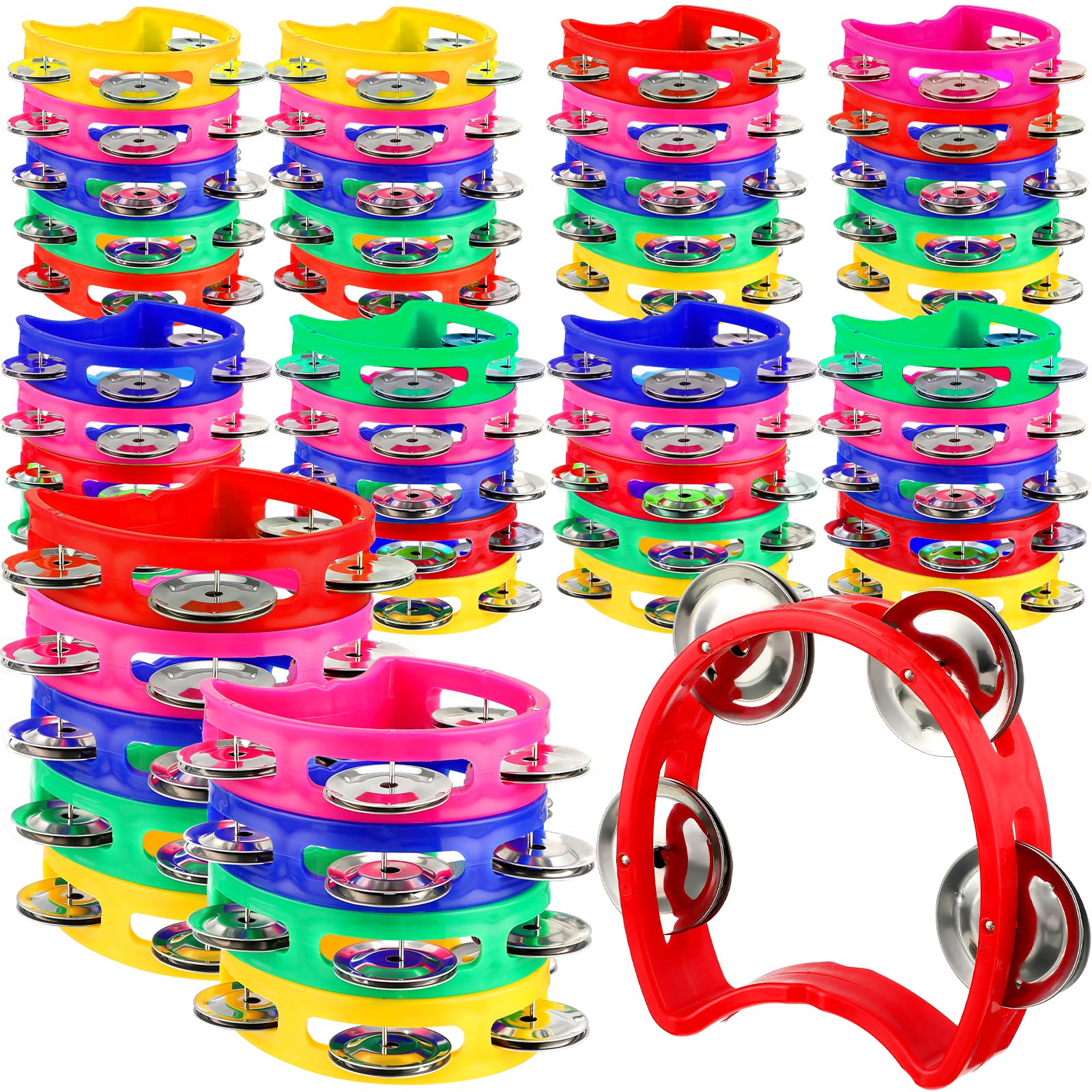 Yunsailing 50 Pieces Tambourine Bulk for Kids Adults 4 Bells Percussion Hand Colored Noise Makers Tambourines Preschool Musical 