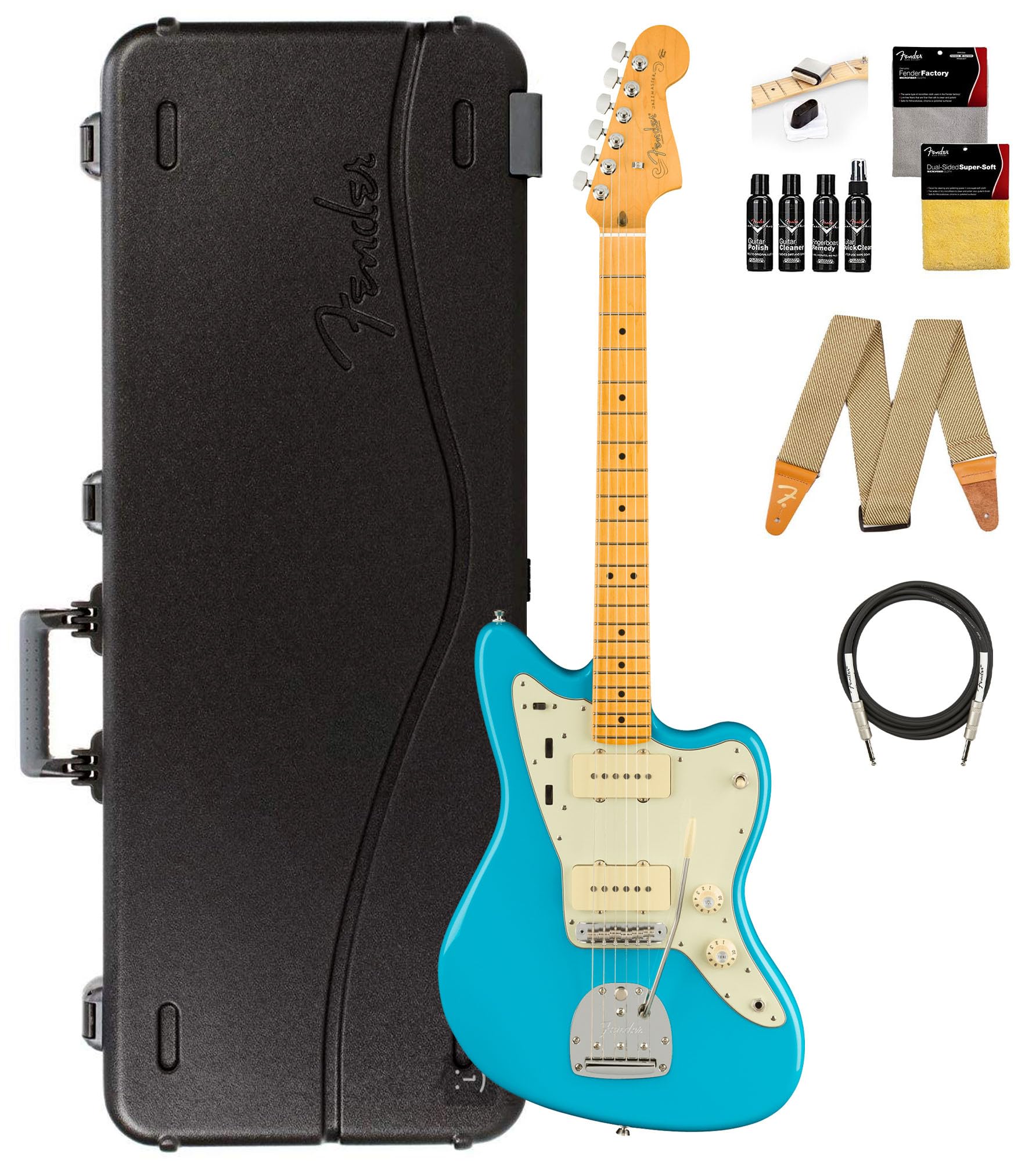 Fender American Professional Ii Jazzmaster - Miami Blue Bundle With Case, Strap, Cable, And Guitar Cleaning Kit
