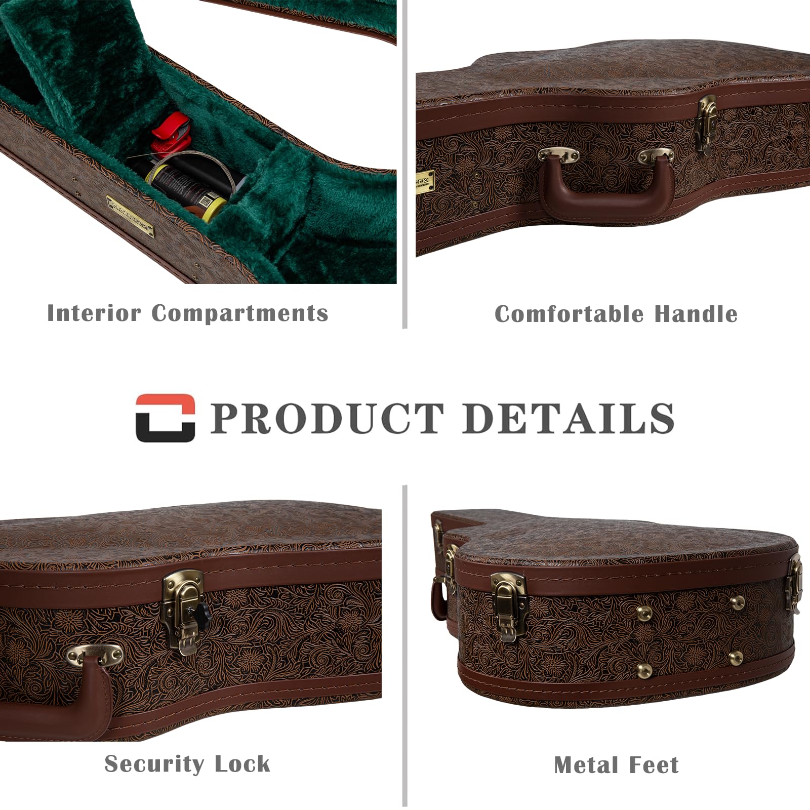 Crossrock Wooden Dreadnought Guitar Case for Martin D-28 / Taylor Grand Auditorium | Blossom Brown Faux Leather, Forest Green Ve