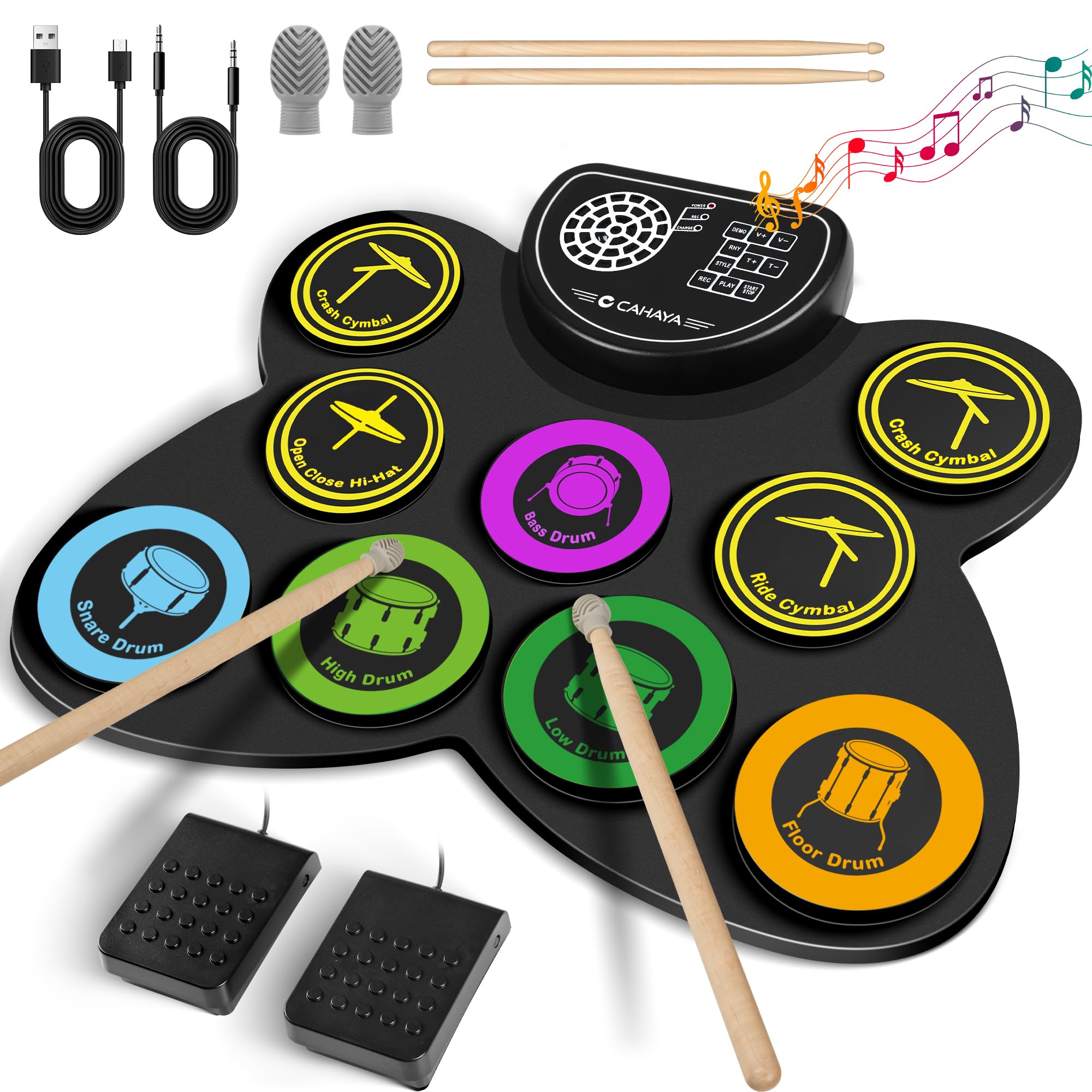CAHAYA Electronic Drum Pad Set: Foldable 9-Pad Practice Electronic Drum Pad Set with Integrated Speaker Foot Pedals and Drumstic