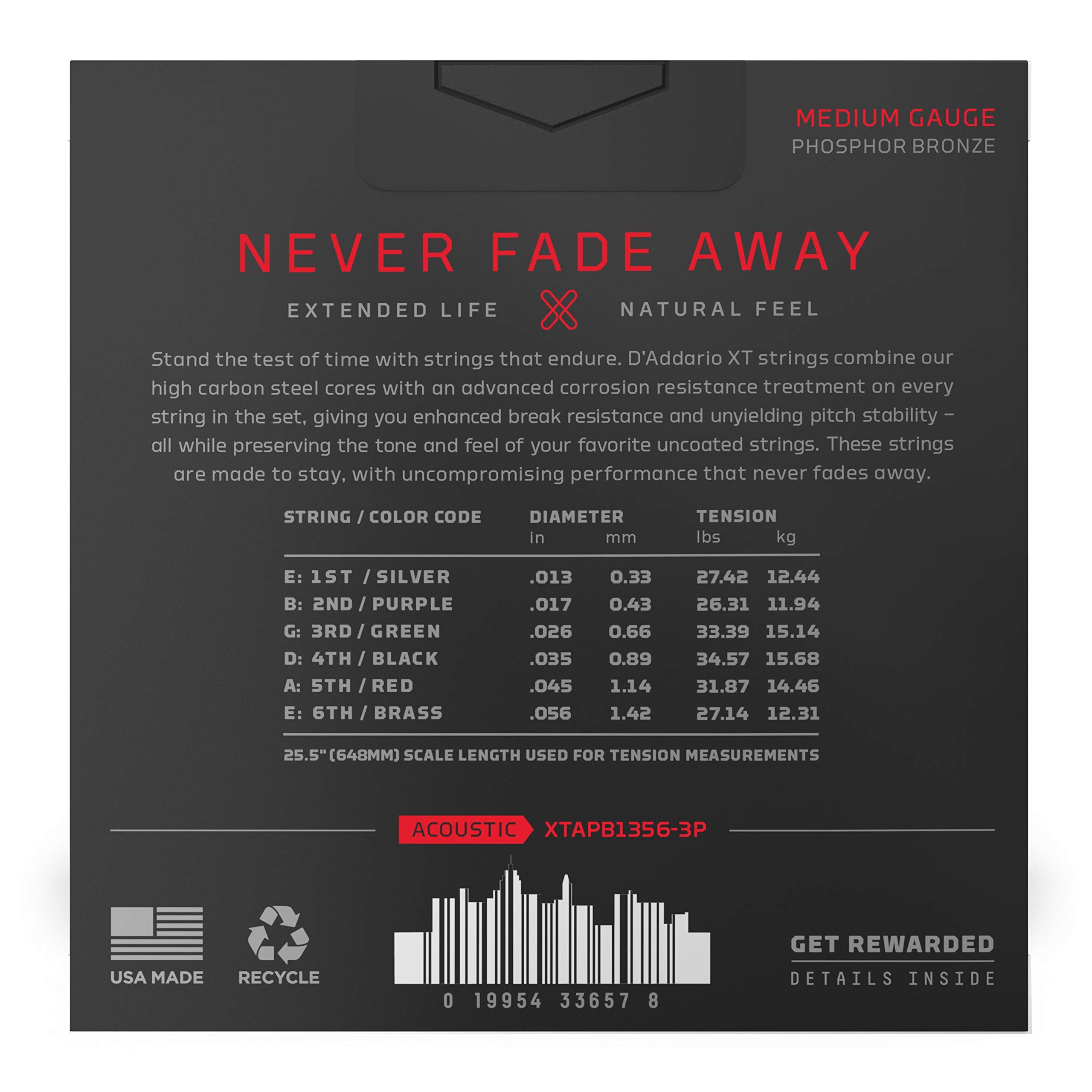 D'Addario Guitar Strings - XT Phosphor Bronze Coated Acoustic Guitar Strings - XTAPB1356-3P - Extended String Life with Natural