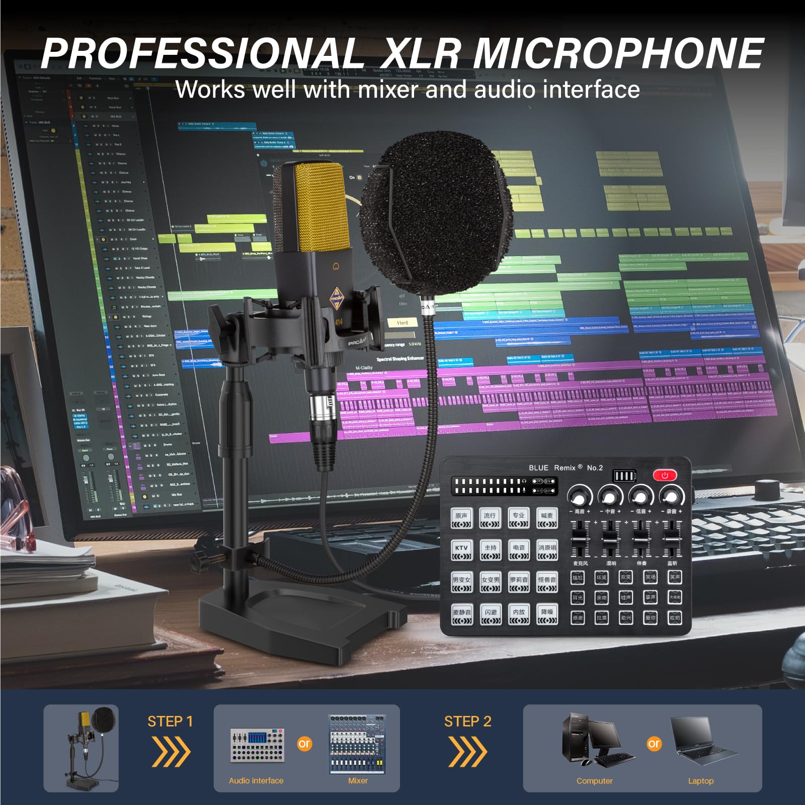 PROAR XLR Podcast Microphone Professional Cardioid Studio Condenser Microphone 25mm Large Diaphragm Computer PC Gaming Mic Kit w