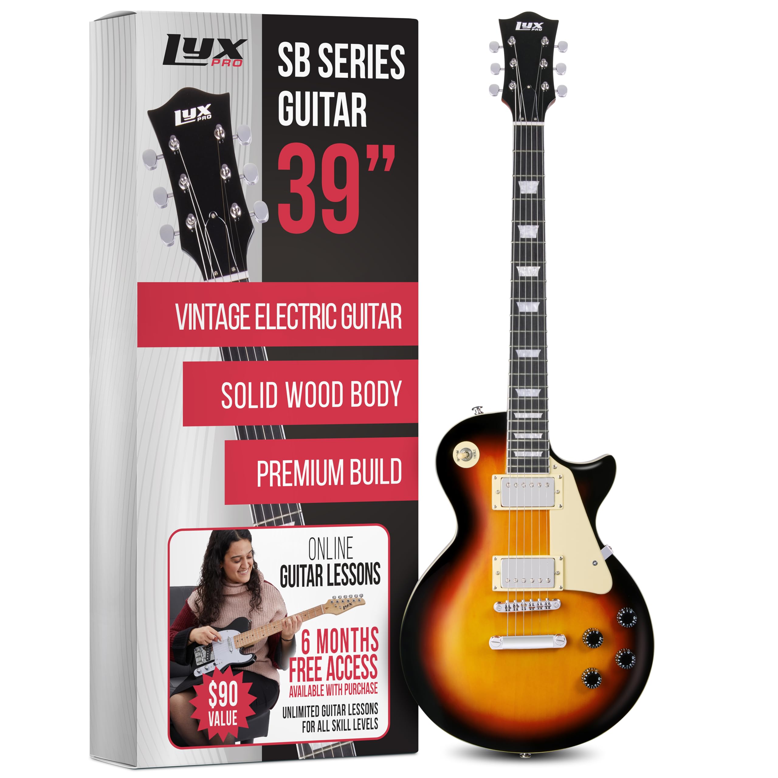 Lyxpro 39    Sb Series Electric Guitar, Lp Style For Beginner, Intermediate & Pro Players Solid Body Guitar, Bonus 2-Pack Of Pic