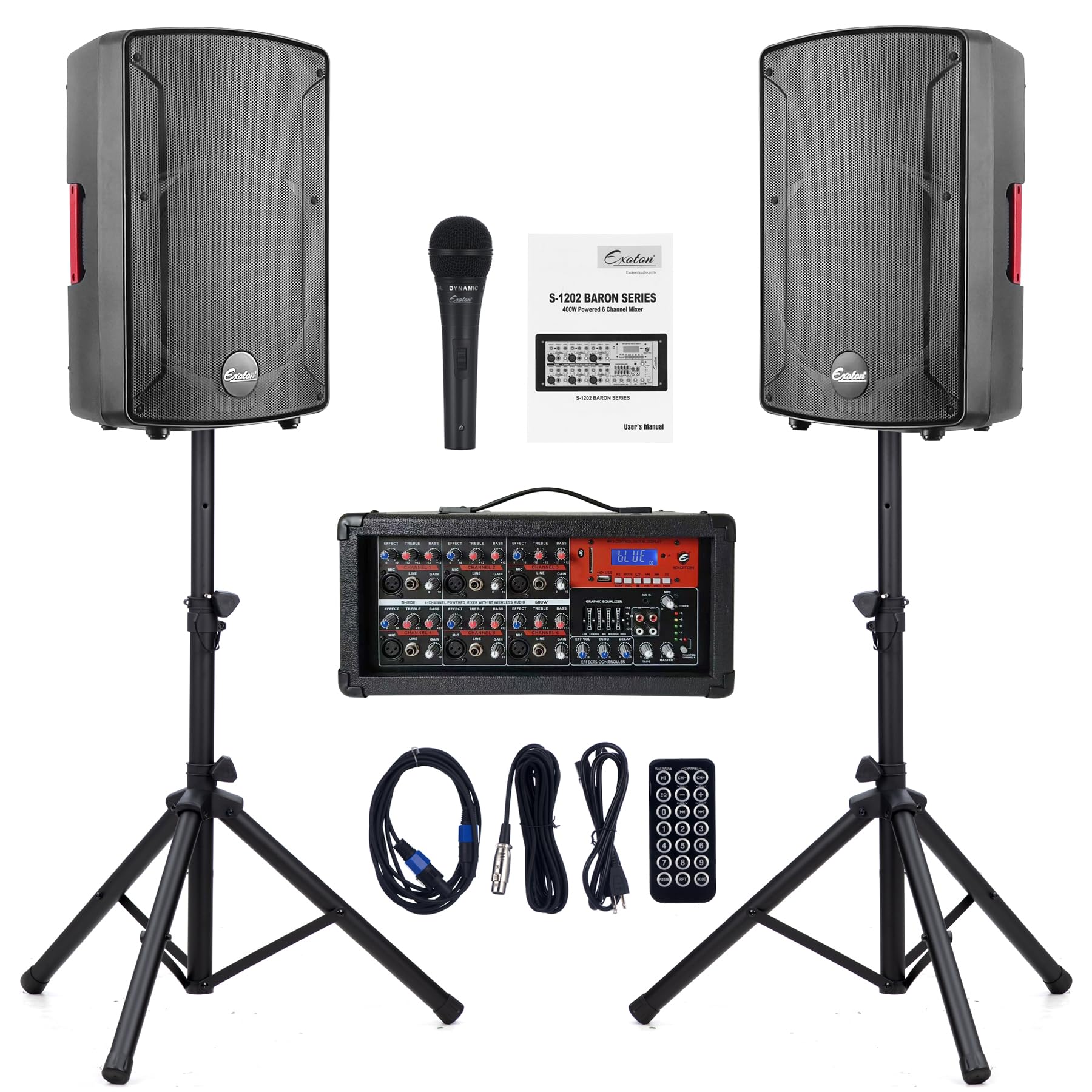 EXOTON S-1202 12inch 2000W Bluetooth PA System with Powered Mixer Set, Passive Speakers with 6 Channel Mixer/Stands/Mic/Effect C
