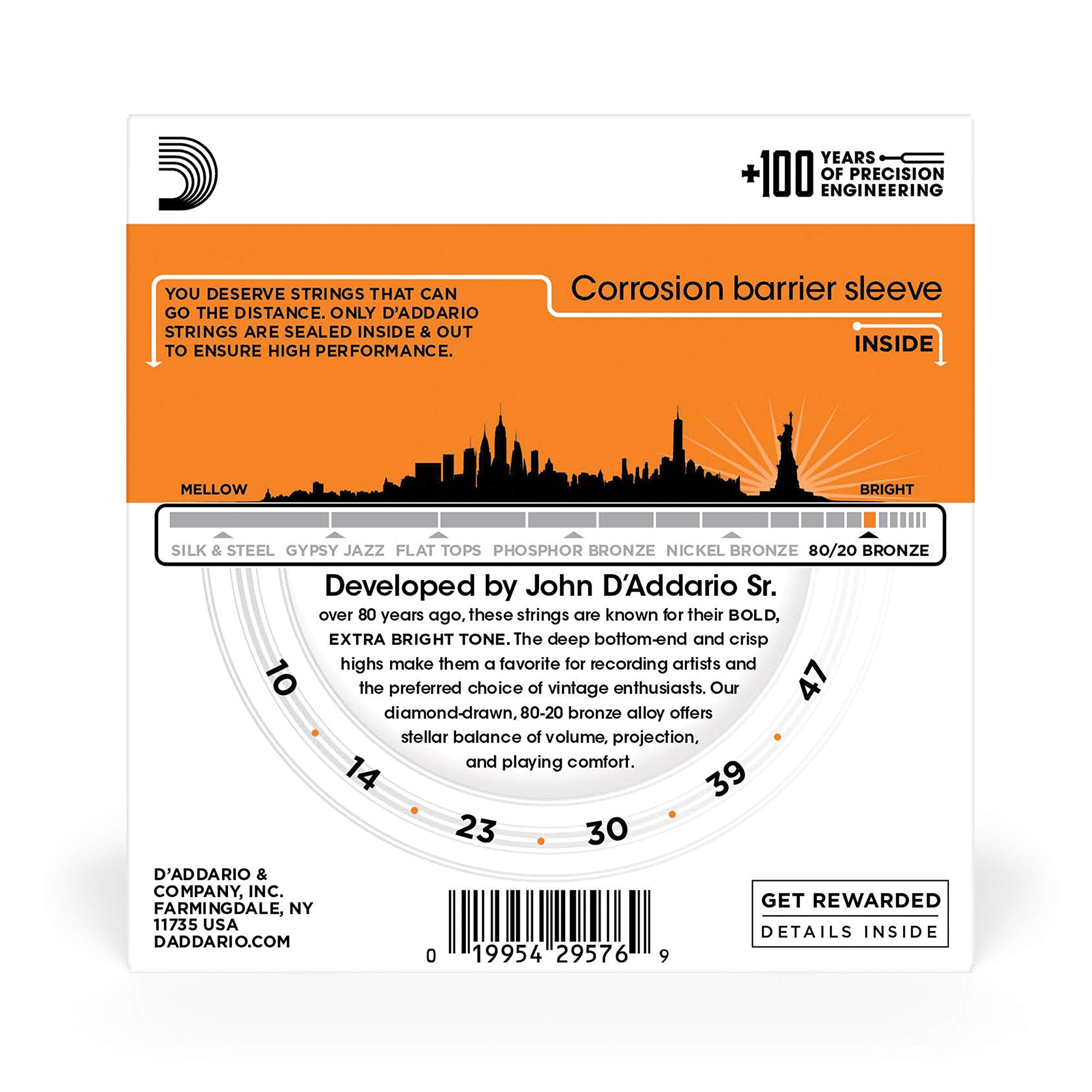 D'Addario Guitar Strings - Acoustic Guitar Strings - 80/20 Bronze - For 6 String Guitar - Deep, Bright, Projecting Tone - EJ10-3