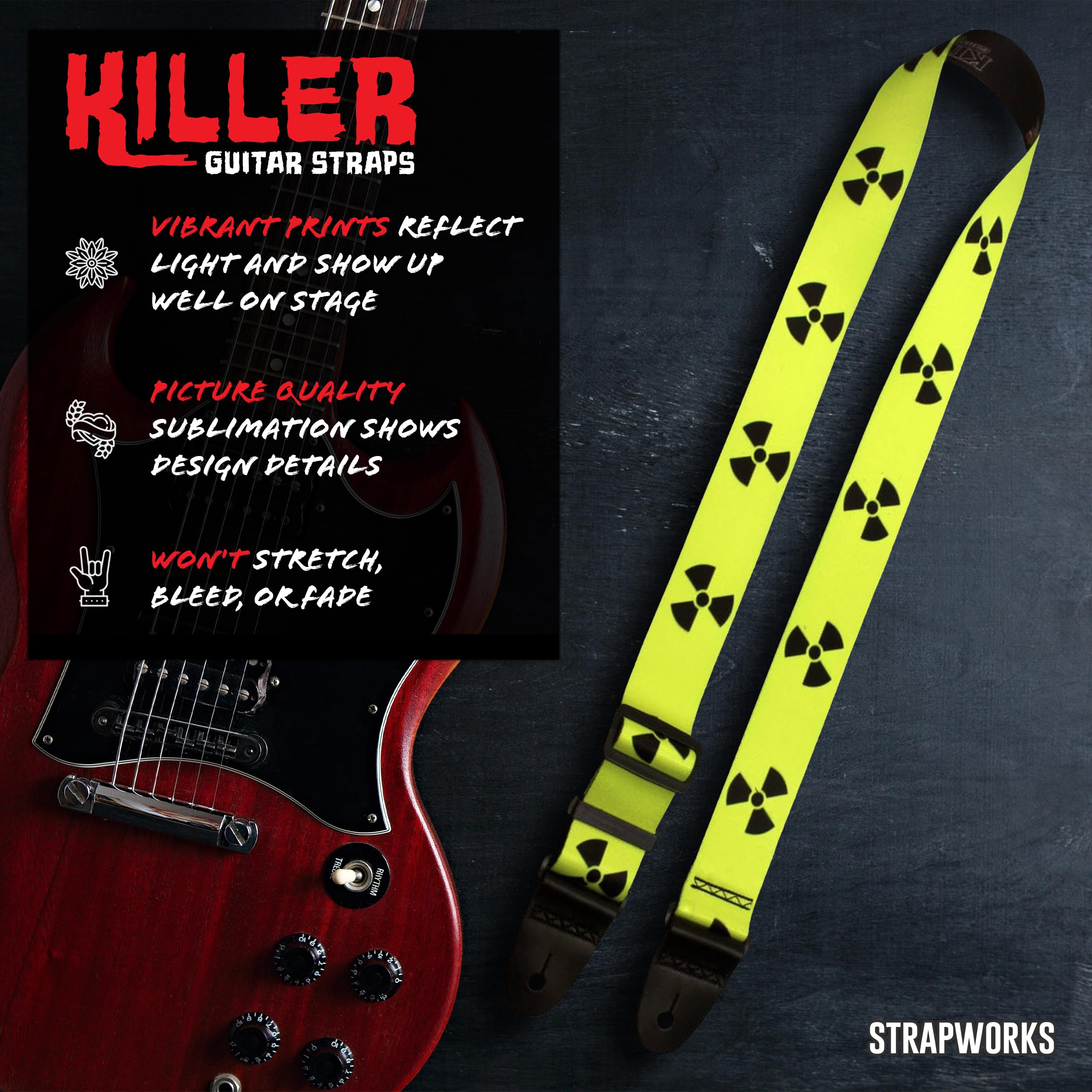 Killer-Q Guitar Strap - Stylish Straps for Electric and Acoustic Guitars With Leather Tabs, 2 Inches x 5 Feet, Radiation