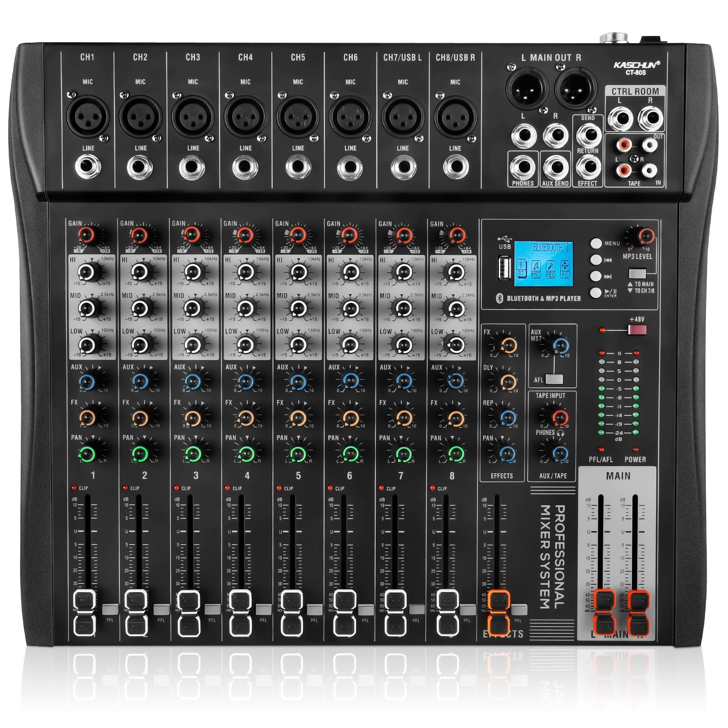 8 Channel Audio Mixer with Bluetooth, Professional DJ Mixer Board with 48V Phantom Power, USB Audio Interface & MP3 Player, Soun