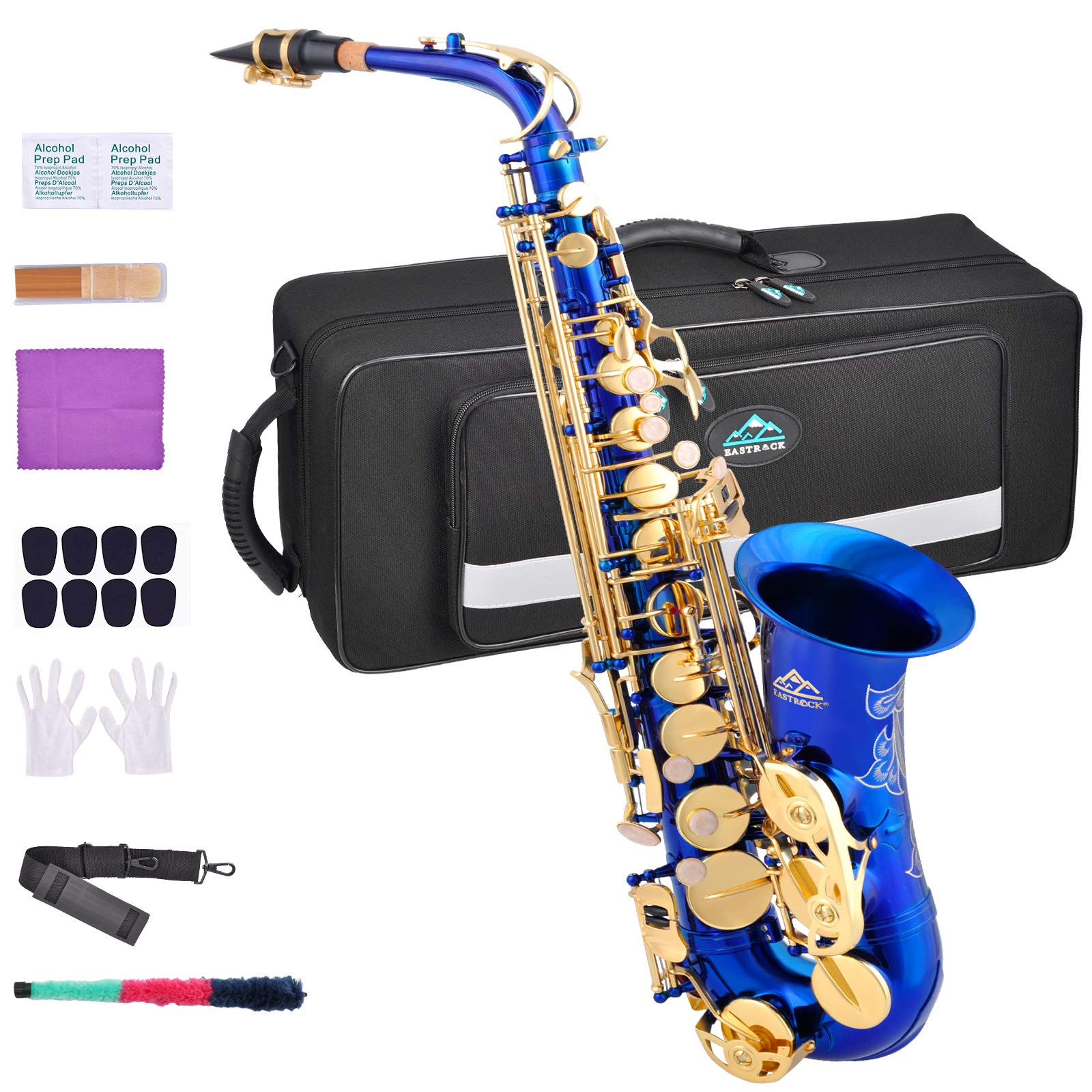 Eastrock Dark Blue/Golden Alto Saxophone E Flat Sax Full Kit For Students Beginner With Carrying Case,Mouthpiece,Mouthpiece Cush