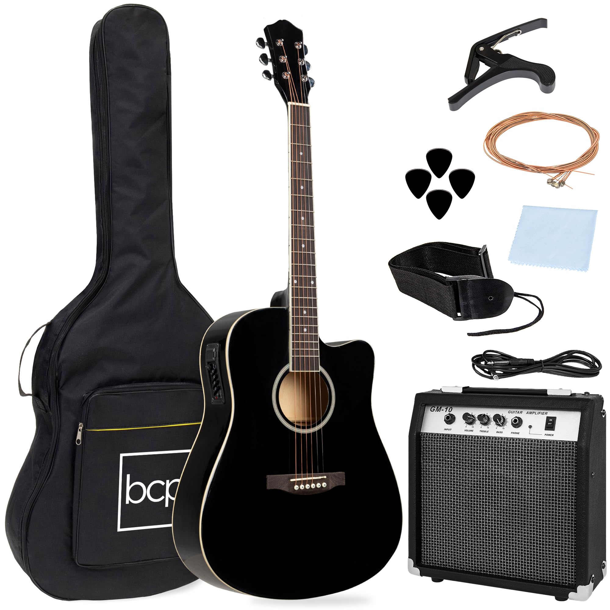 Best Choice Products Beginner Acoustic Electric Guitar Starter Set W/ 41In, All Wood Cutaway Design, Case, Strap, Picks - Black