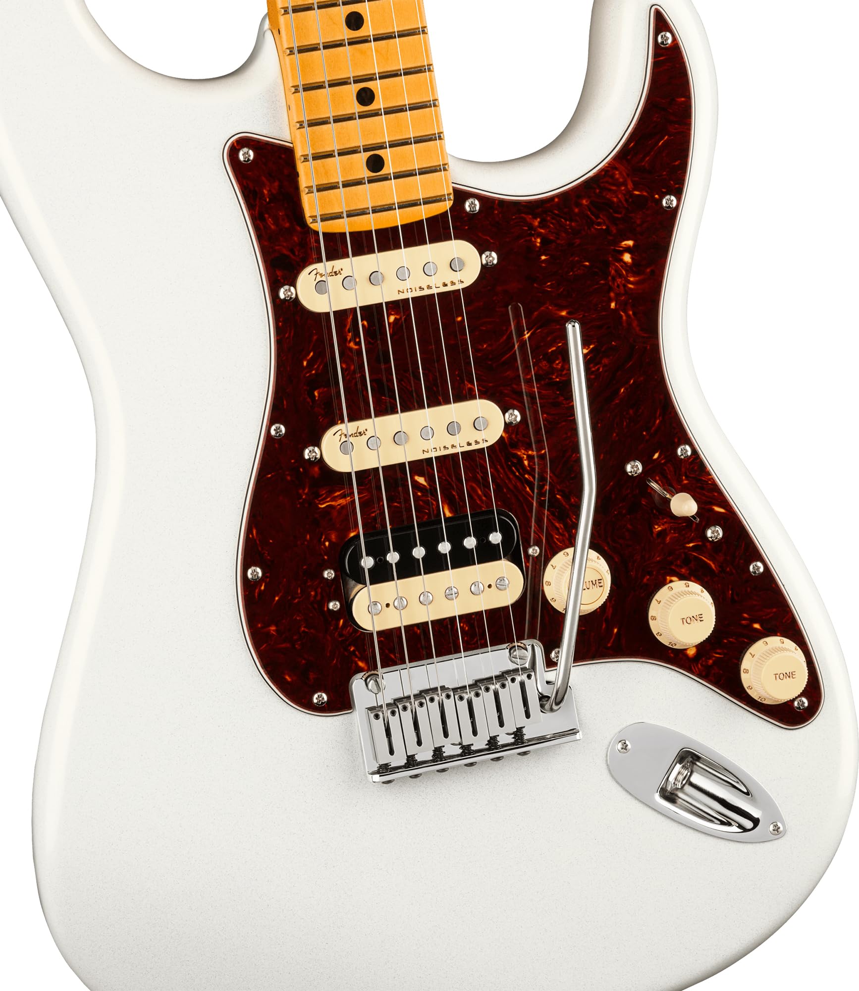 Fender American Ultra Stratocaster HSS - Arctic Pearl Bundle with Case, Hat, Strap, Cable, and Guitar Cleaning Kit