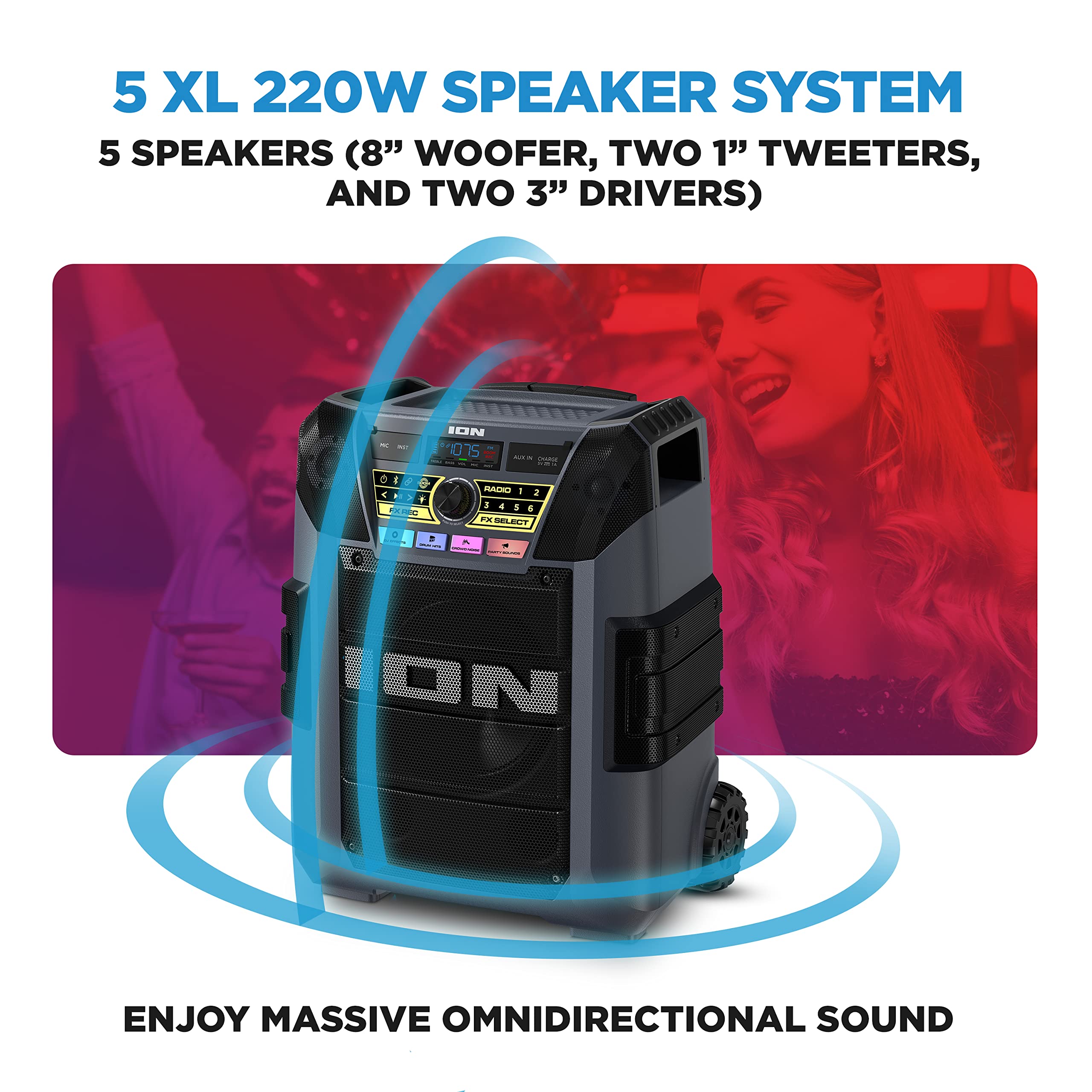 ION Block Rocker XL - Portable Bluetooth Outdoor Party Speaker, 220W, with Karaoke Microphone, Battery, 5 Speakers, Lights, Radi