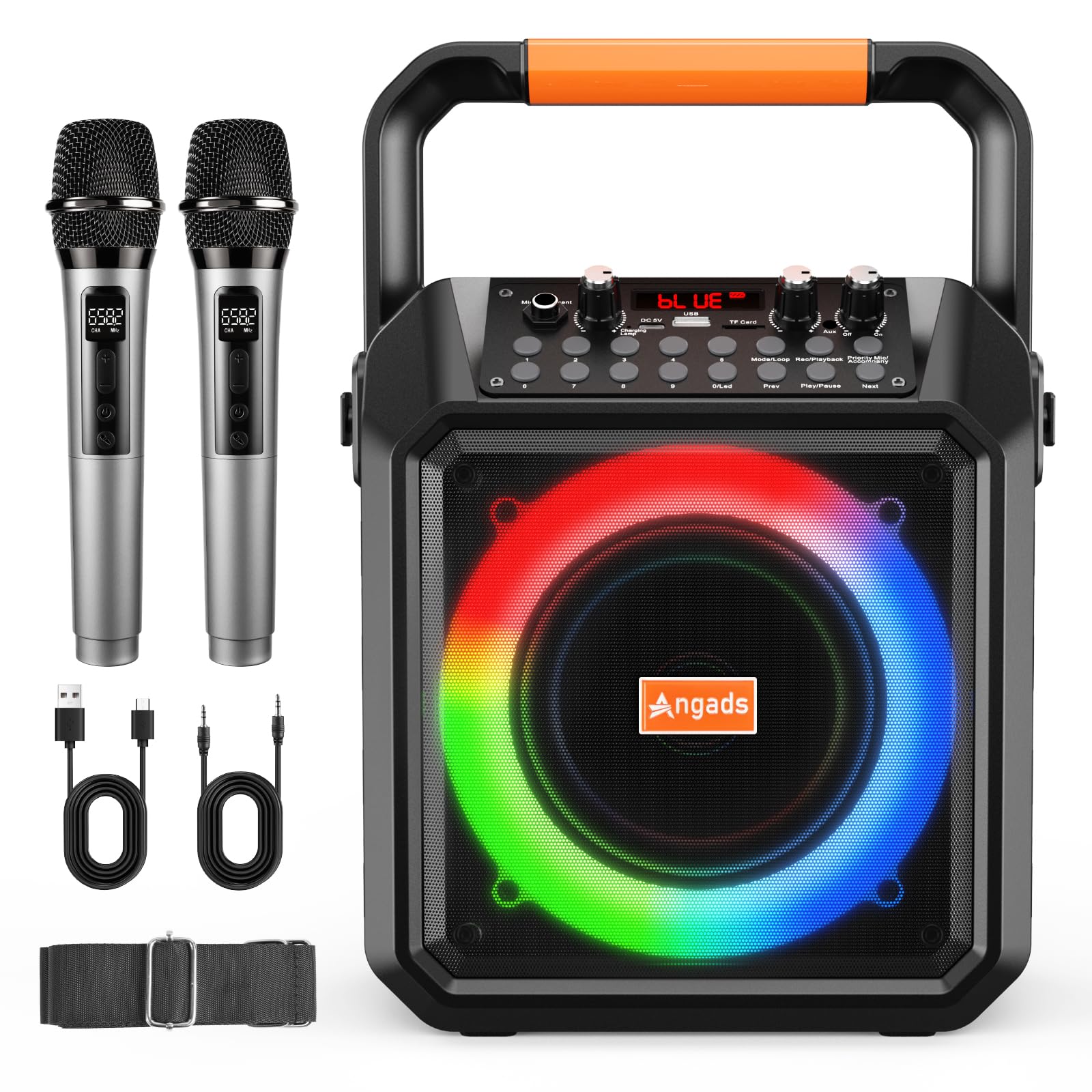 Angads Portable Karaoke Machine with Bluetooth Speaker & 2 Wireless Microphones- PA System, Led Lights,USB/TF/AUX/Support for Ho