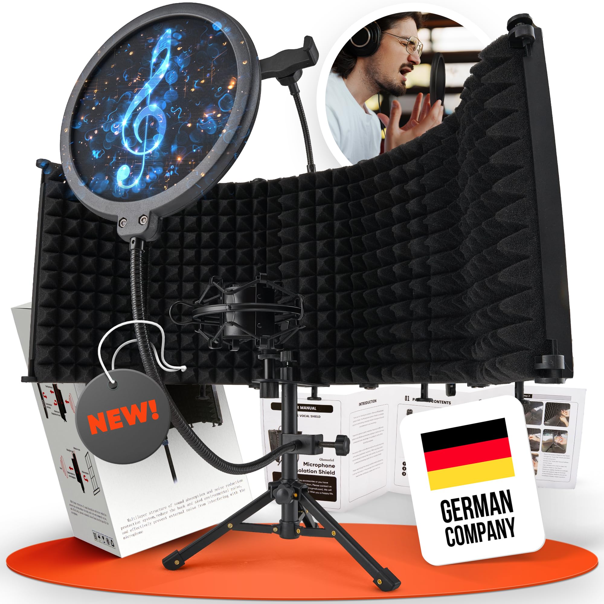 Glemoriol Microphone Isolation Shield With Phone Holder, Pop Filter & Desktop Stand - Sound Proofing Studio Setup For Enhanced S