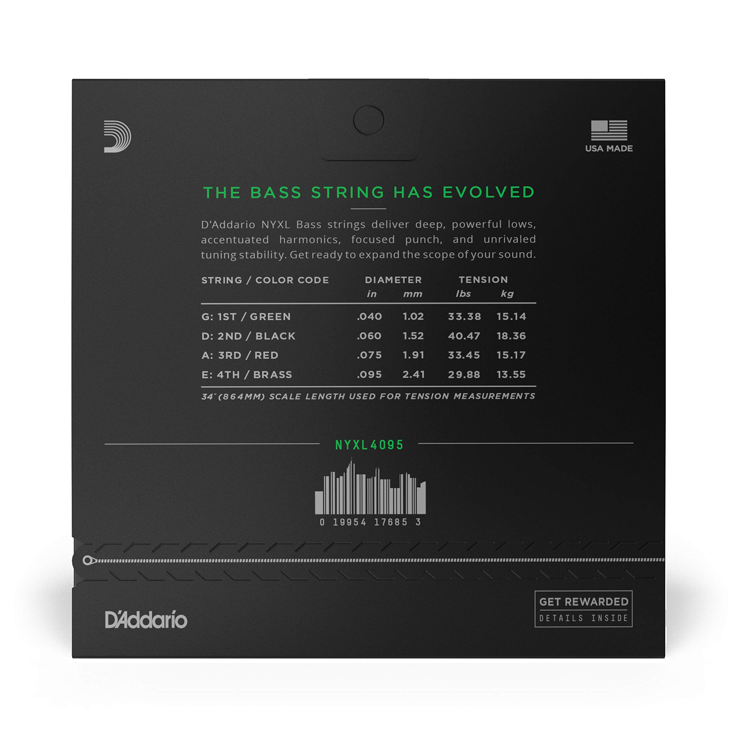 D'Addario Bass Guitar Strings - NYXL Bass Strings - NYXL4095 - Unrivaled Strength, Tuning Stability, Enhanced Response - For 4 S