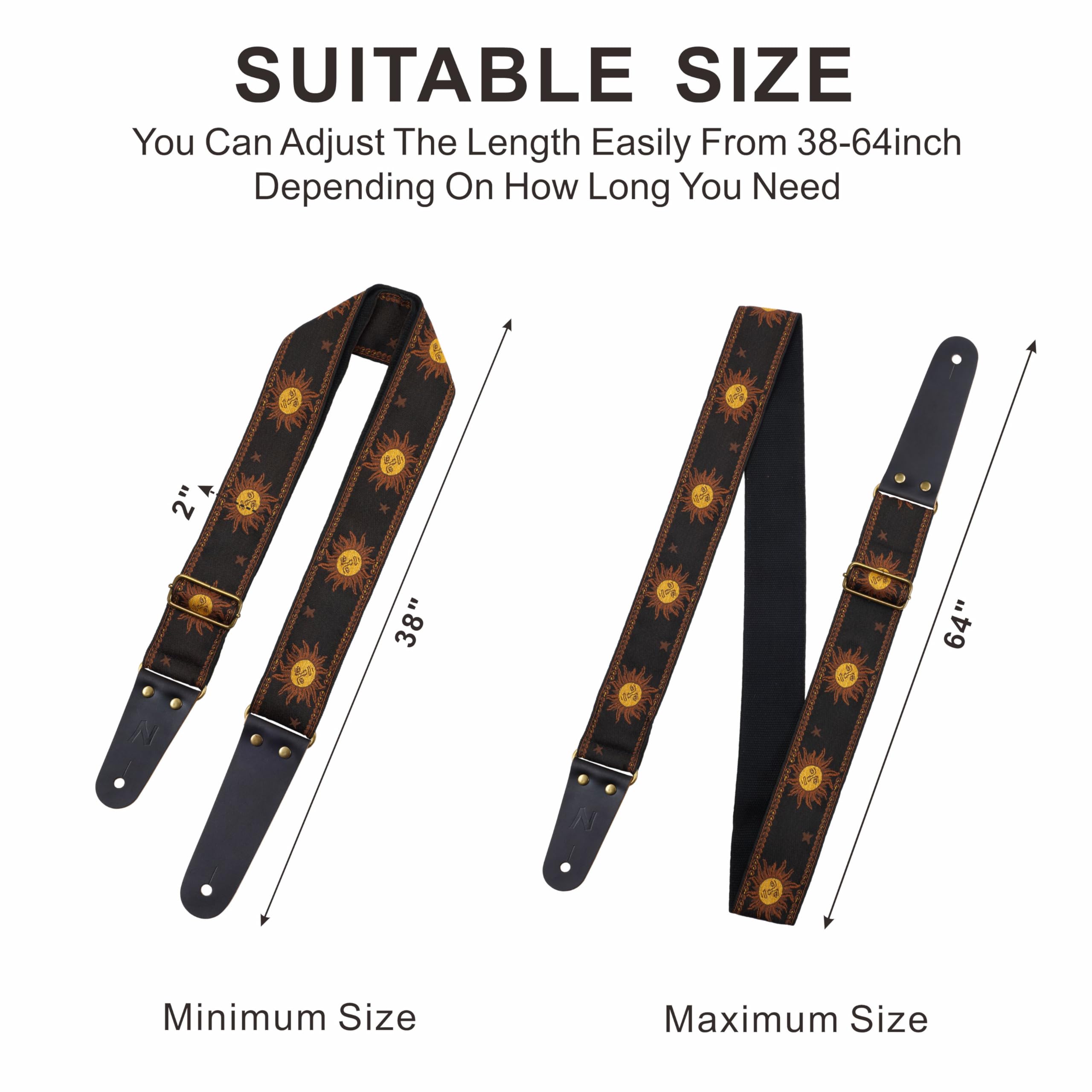 Nefelibata Guitar Strap, Sun Embroidered Cotton Guitar Strap with Head Cowhide Leather Ends for Bass, Electric and Acoustic Guit