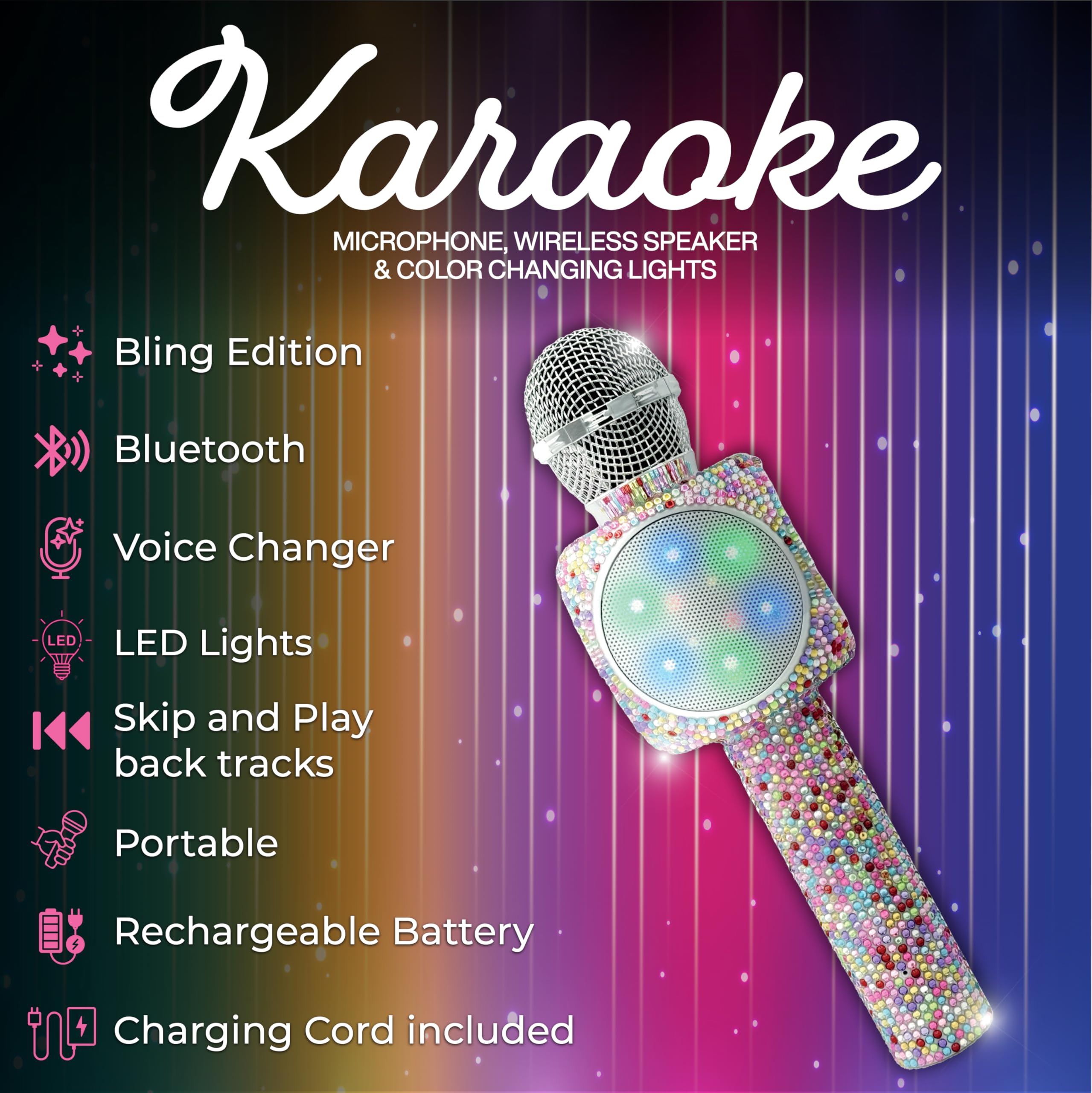Wireless Express - Sing-Along Bling Bluetooth Karaoke Microphone and Bluetooth Stereo Speaker All-in-One (Confetti Bling)