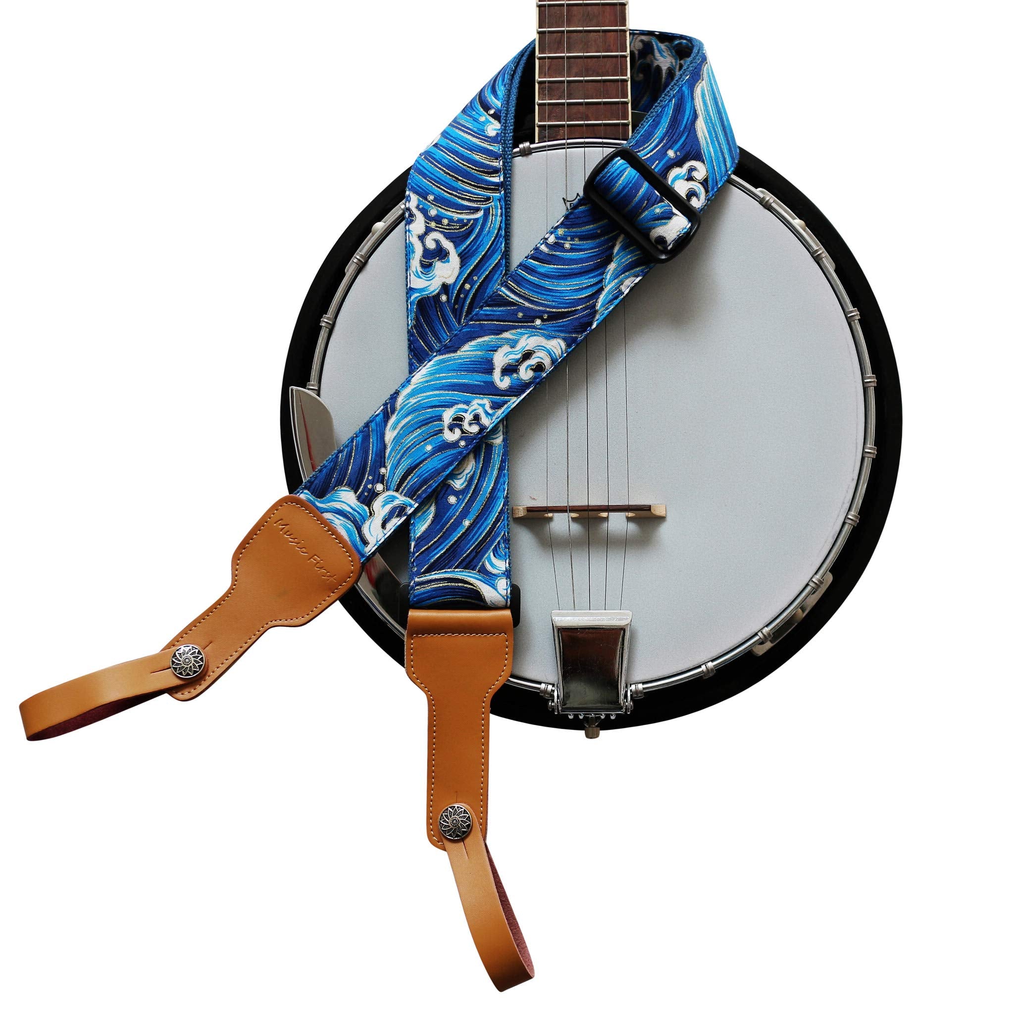 Music First Original Design, 2 Inch Width (5Cm), Tsunami Waves    Soft Muslin & Genuine Leather Delux Banjo Strap, With 2 Pieces