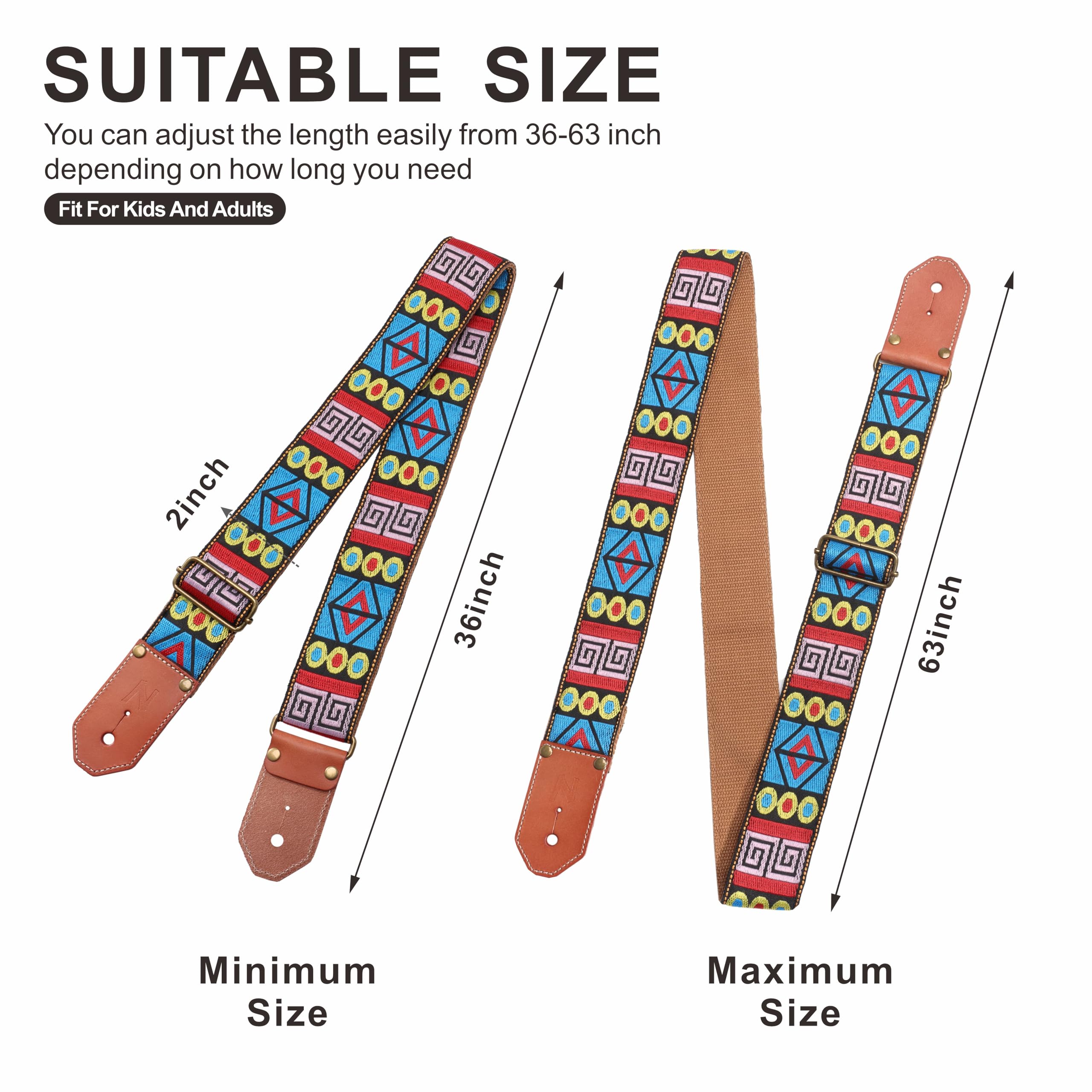 Nefelibata Guitar Strap Cotton with Thicked First Layer Vegetable Tanned Cowhide Leather Ends for Acoustic, Bass, Electric Guita