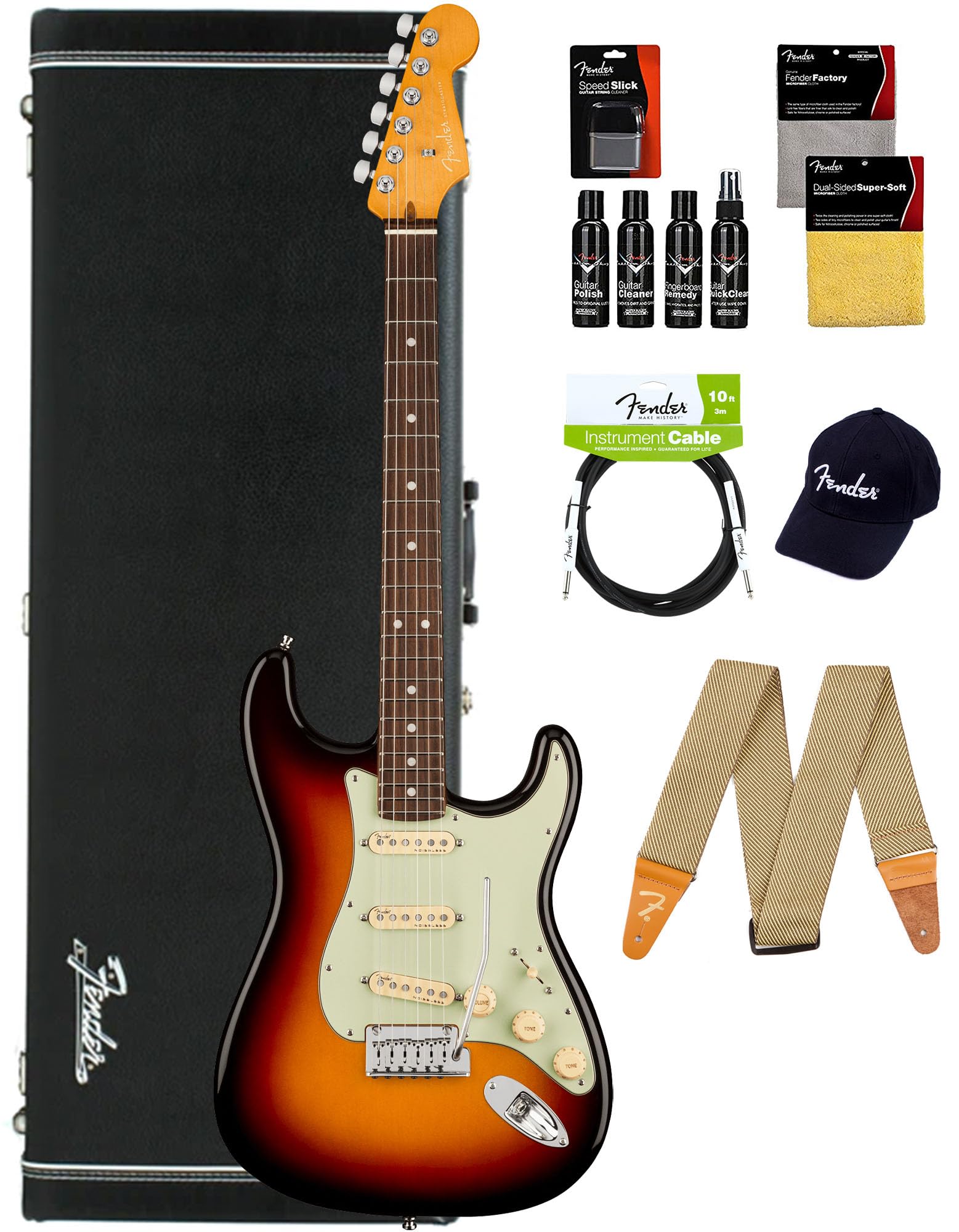 Fender American Ultra Stratocaster Rosewood Fingerboard - Ultraburst Bundle With Case, Hat, Strap, Cable, And Guitar Cleaning Ki