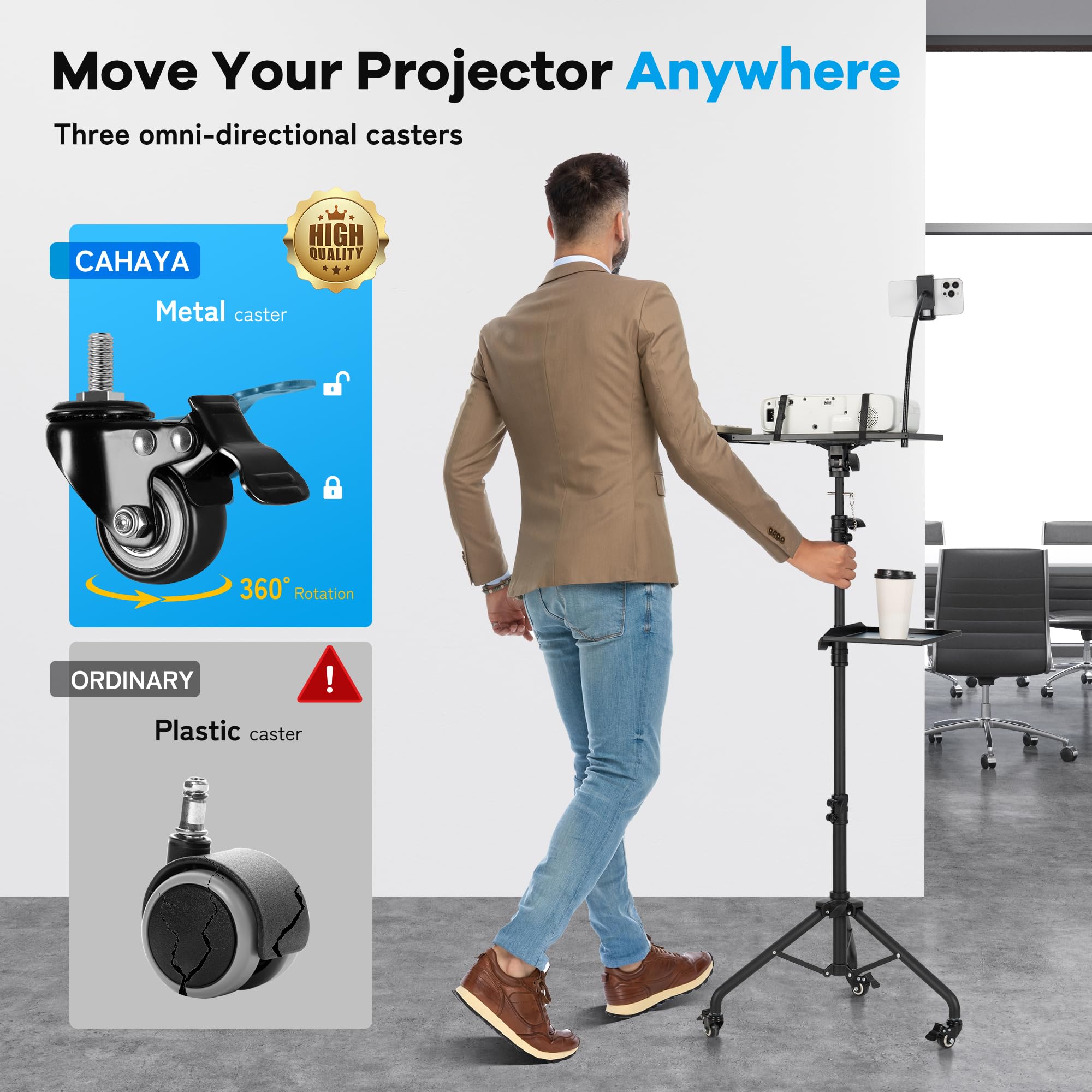CAHAYA Projector Tripod Stand with Casters: Projector Stand 28-54in Height Adjustable Multifunctional Universal Laptop Stand DJ