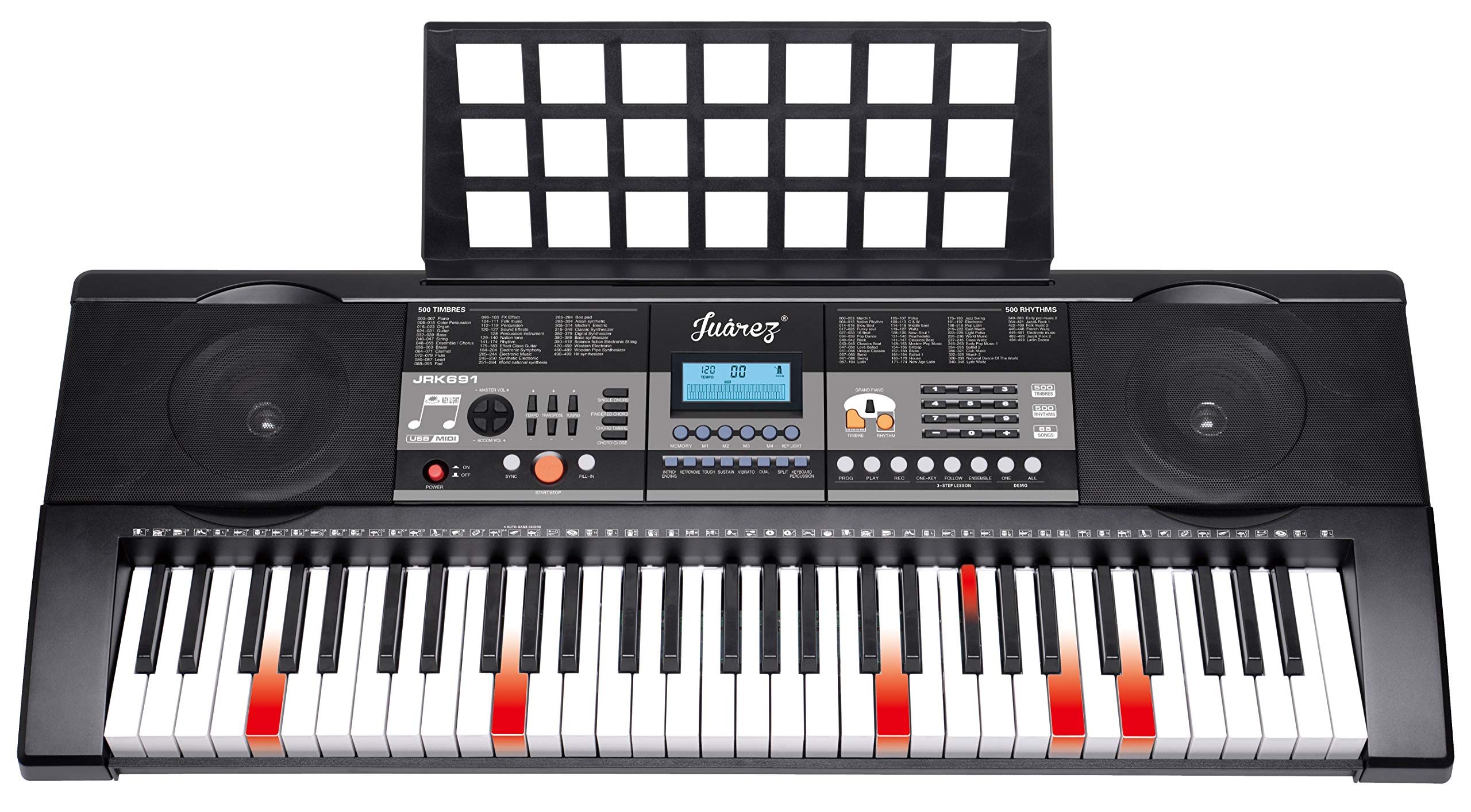 Juarez Opus Jrk691 61-Key Lighting Keyboard With Touch Function | Lcd Digital Display | Adapter | Key Note Stickers| Music Sheet