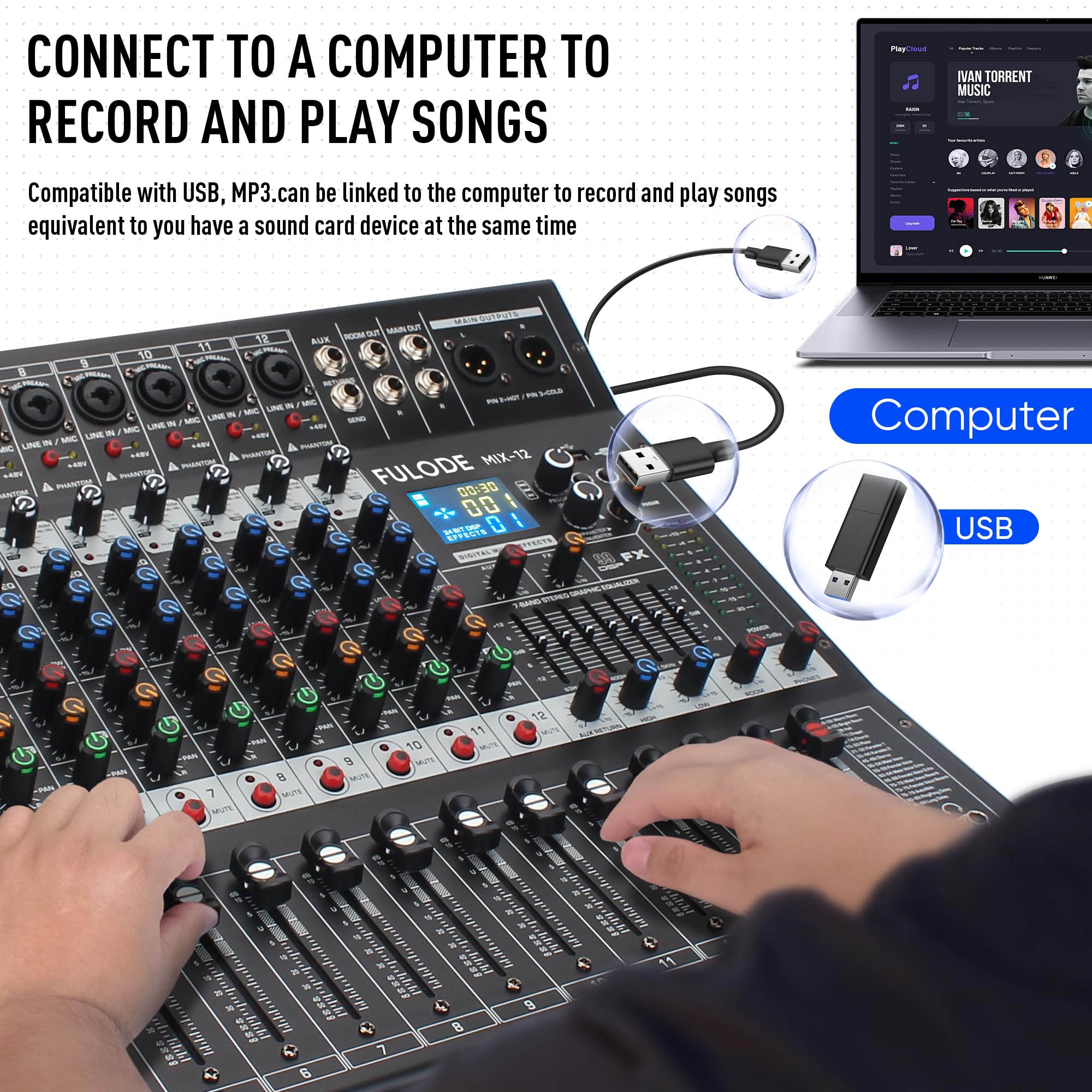 FULODE 12-Channel Bluetooth Studio Audio Mixer 99 Bit DSP Digital Processor w/USB MP3 for PC Recording Input, RCA, XLR Microphon