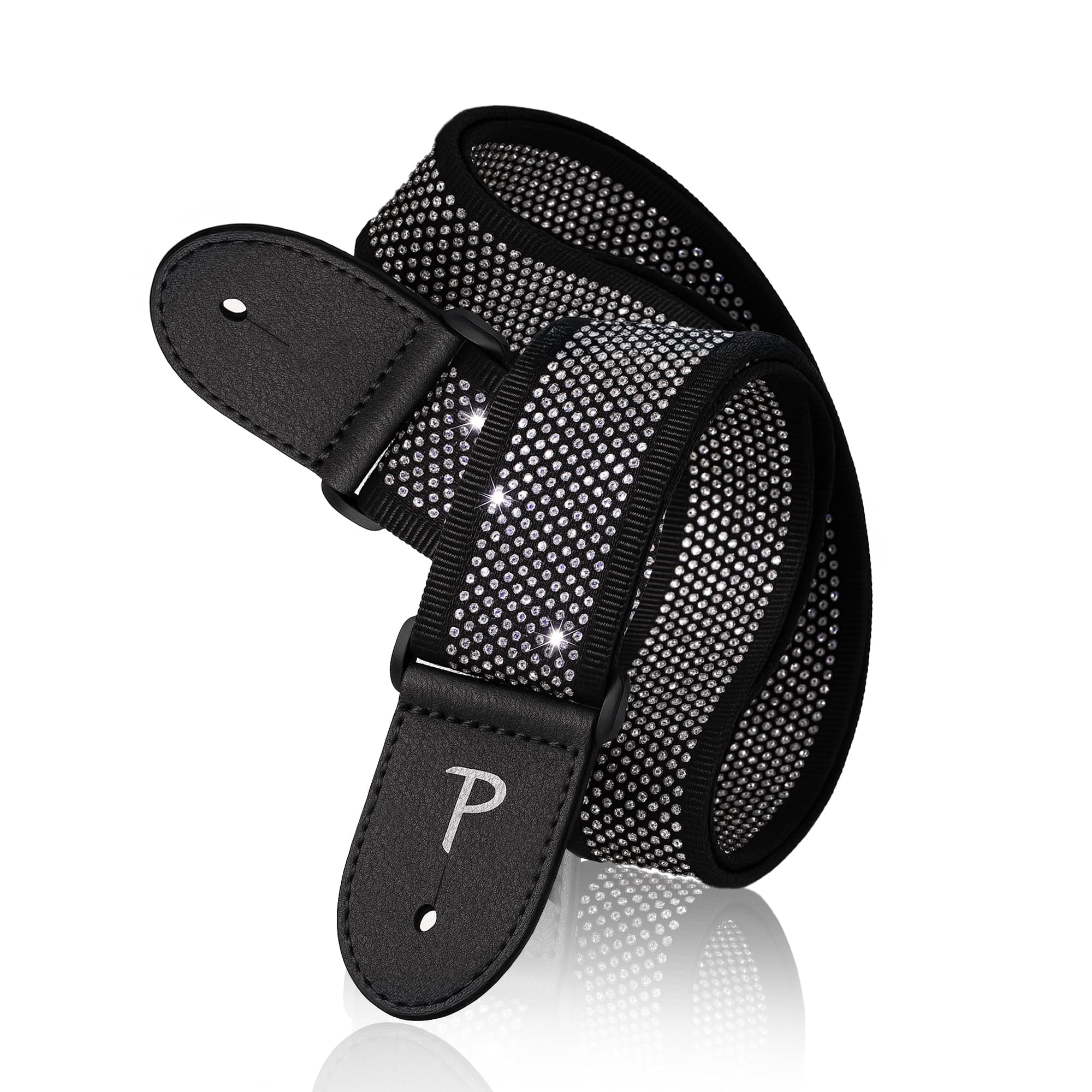 Perris Leathers, 39-58, Black with Rhinestones, Rhinestone Jacquard Guitar Strap - Adjustable Length, 2 Wide, Leather Ends Strap