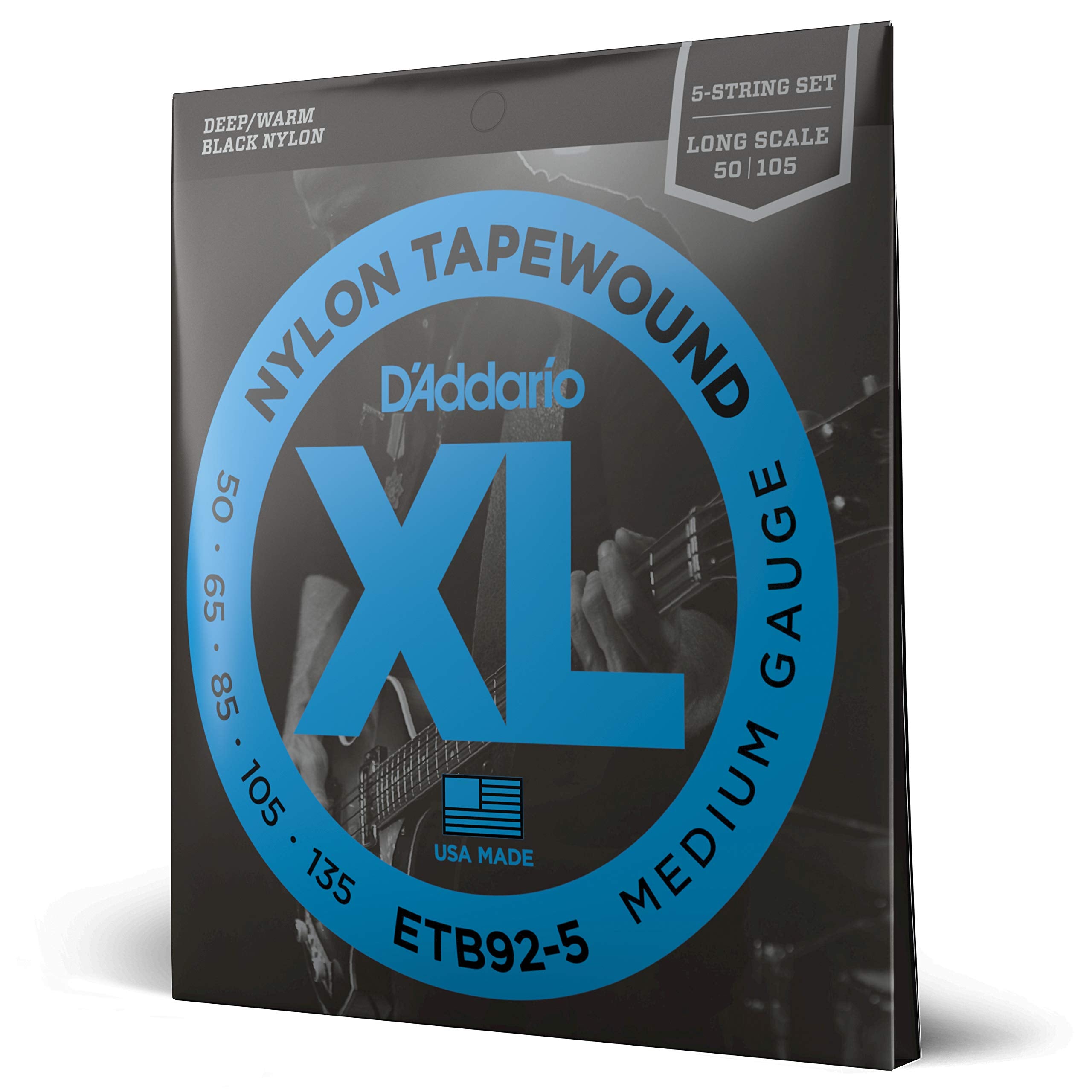 DAddario Etb92-5 5-String Tapewound Bass Guitar Strings, Medium, 50-135, Long Scale