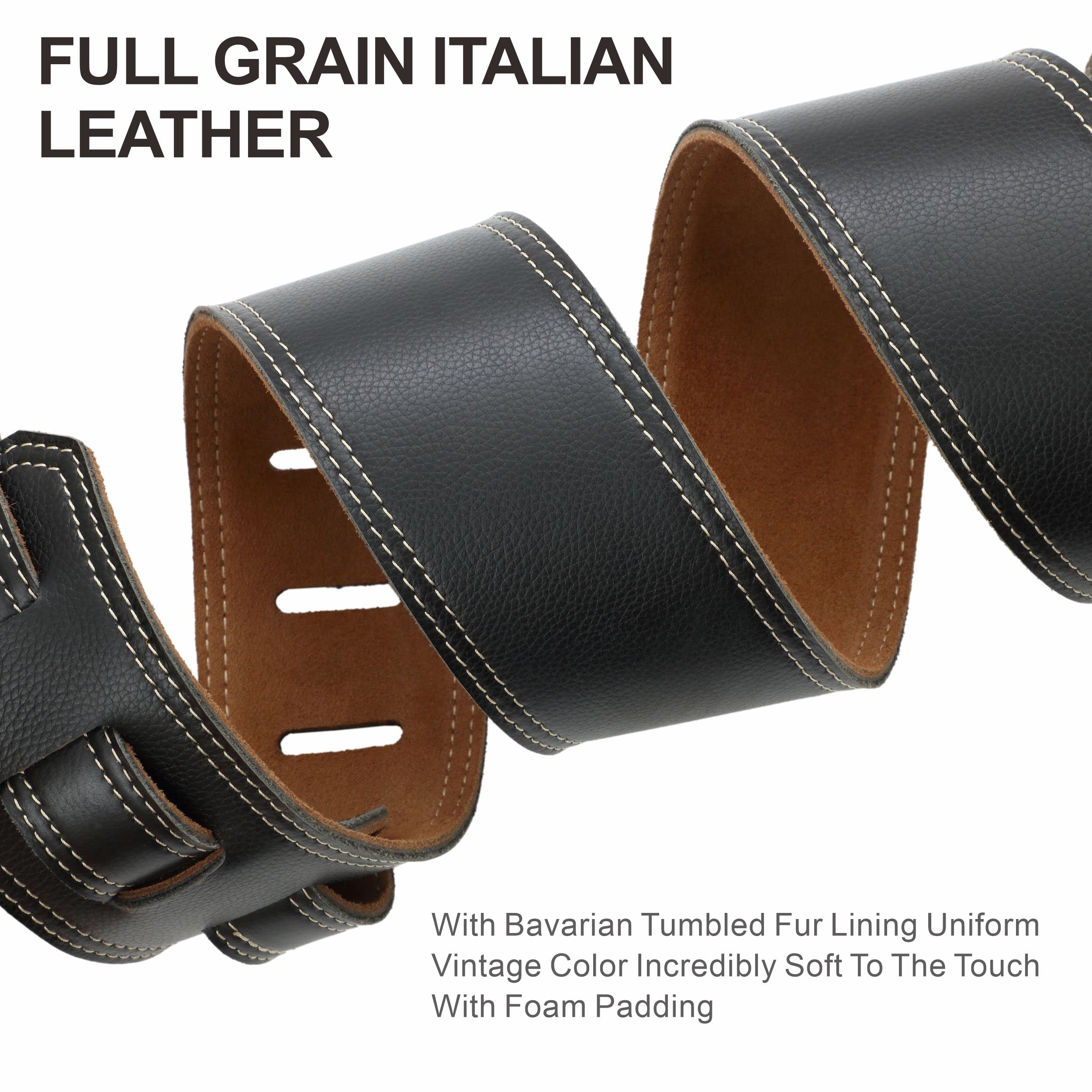 Nefelibata Guitar Strap, 2.5'' Wide Black Lychee Grain Leather Guitar Straps with Foam Padding and Cable Storage Loop, for Kids,