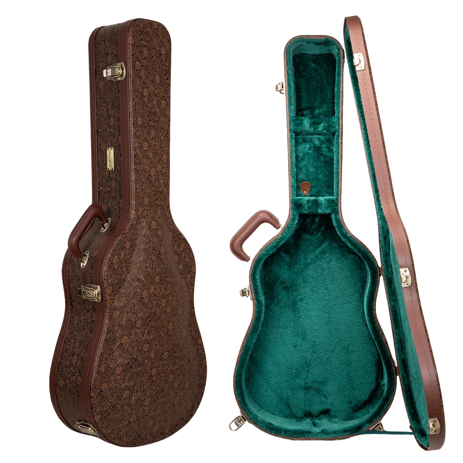 Crossrock Wooden Dreadnought Guitar Case for Martin D-28 / Taylor Grand Auditorium | Blossom Brown Faux Leather, Forest Green Ve