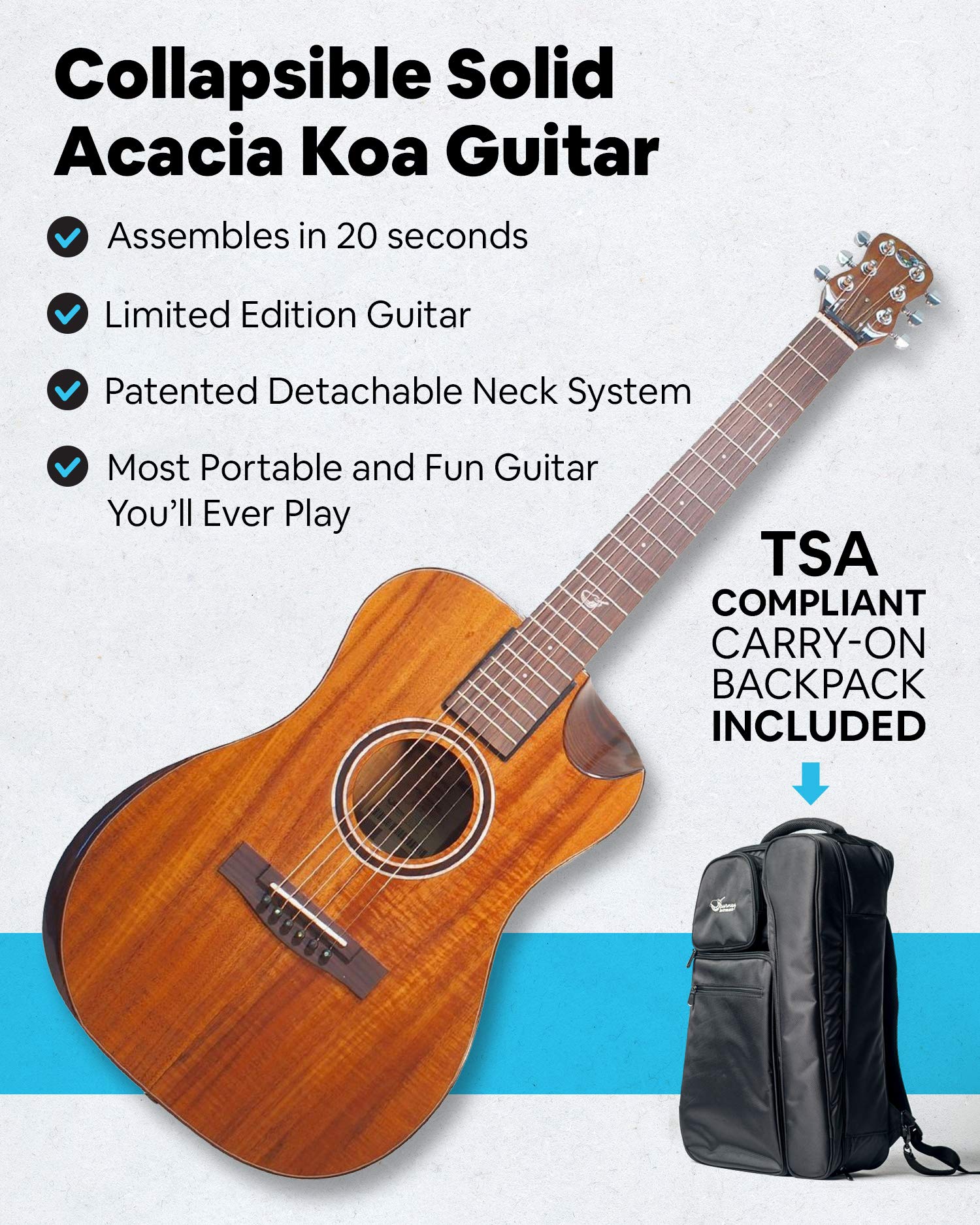 Journey Instruments Solid Acacia Koa Travel Guitar - OF882C Traveling Acoustic-Electric Guitar with Collapsible Patented System