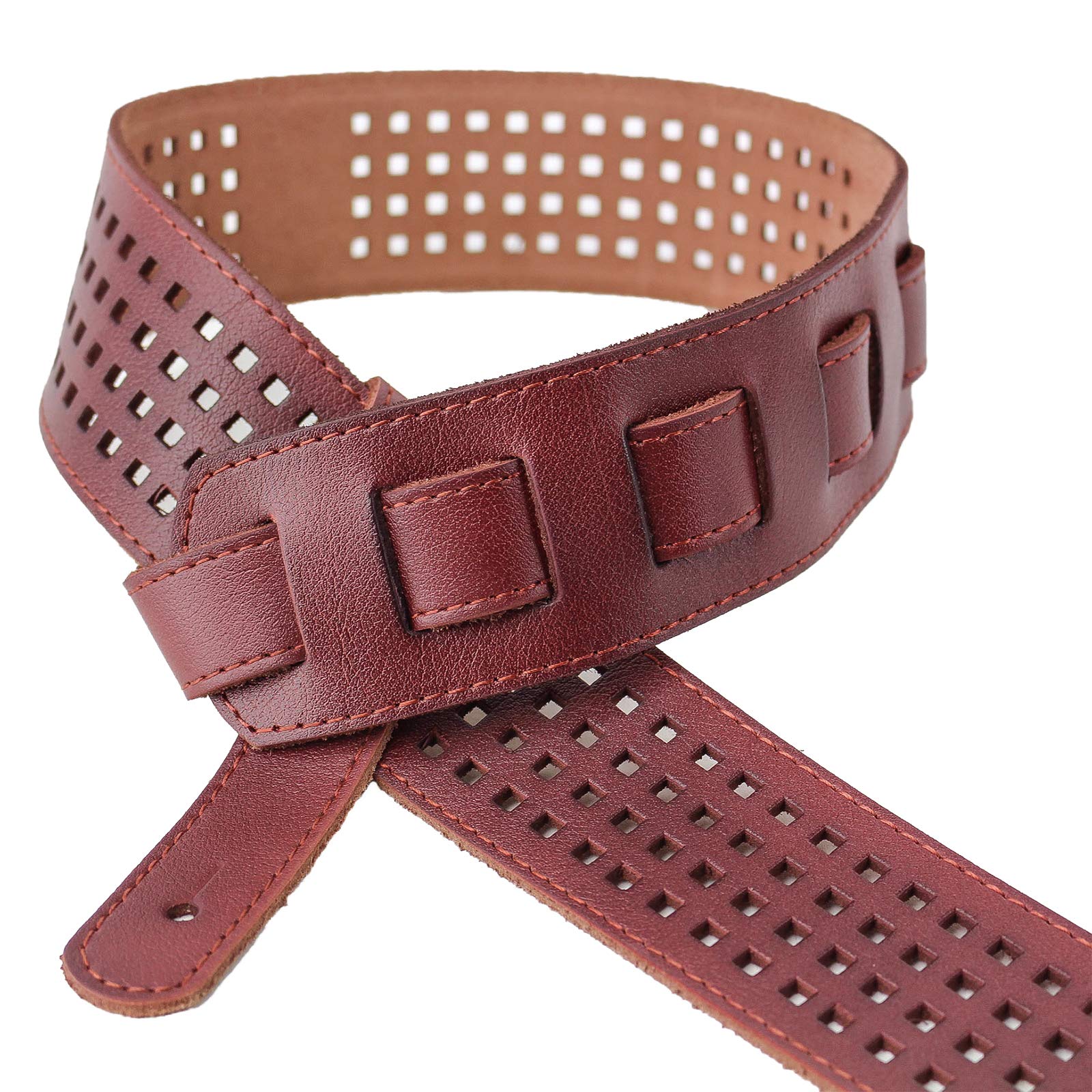 Walker & Williams ST-07 Burgundy Brown Waffle Cut 100% Leather Guitar Strap