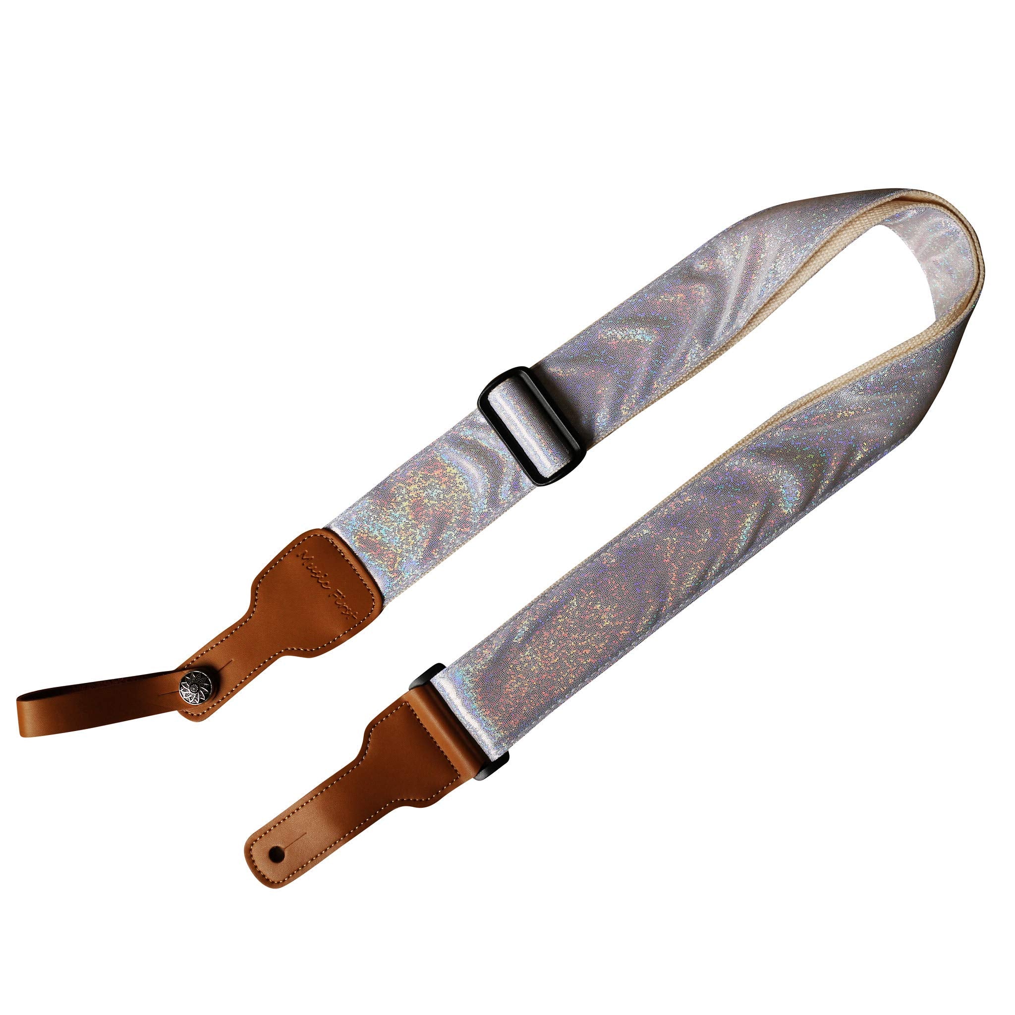 MUSIC FIRST Original Design Metallic Sparkle Delux Shining Guitar Strap, Ukulele Strap, Mandolin Strap, Stage Strap. (White)