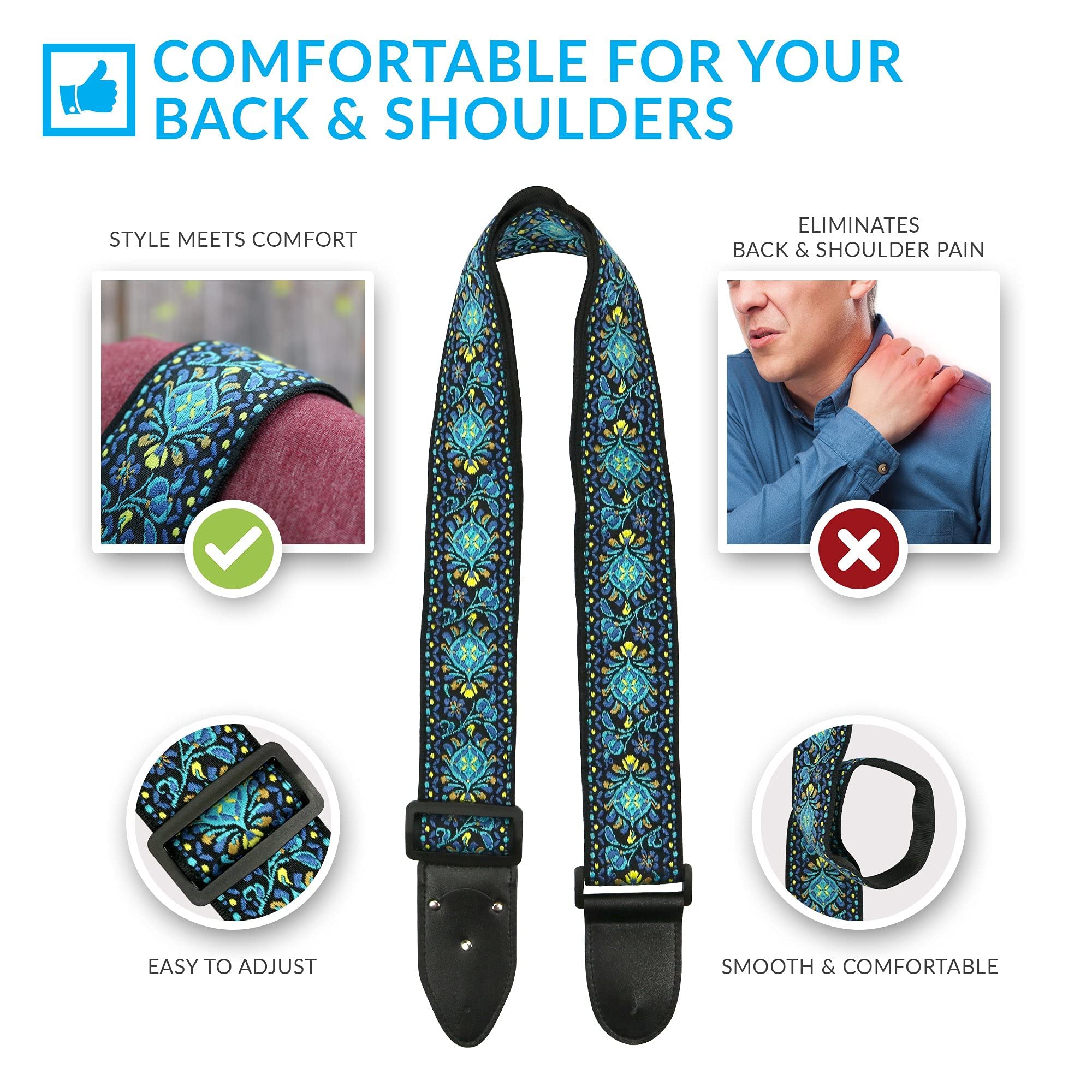 Hootenanny Guitar Strap, Jacquard Weave Embroidered Christmas Gift Strap Includes 2 Strap Locks & 2 Unique Picks. Adjustable Pic