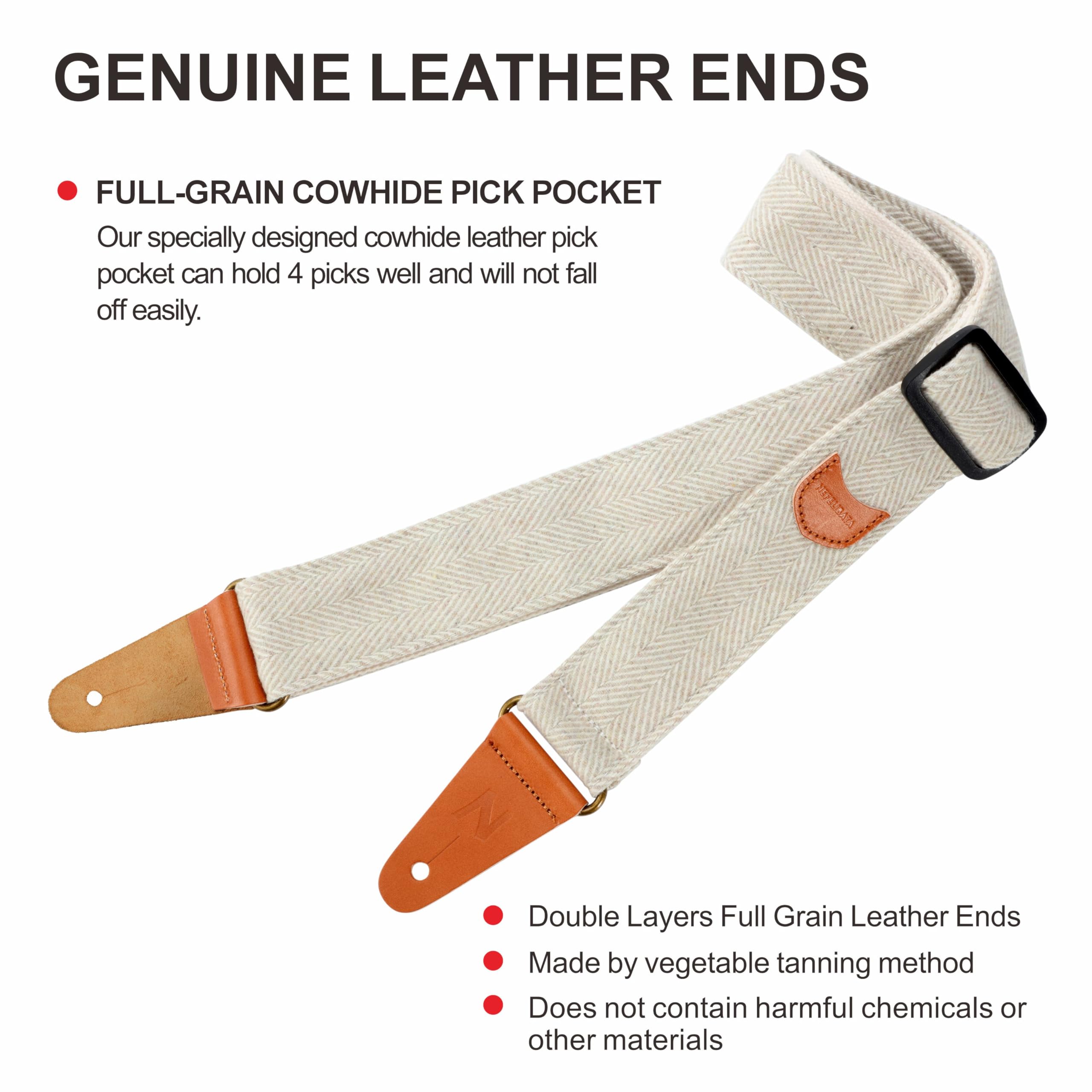 Nefelibata Guitar Strap, Soft Cashmere-containing Fabric Full Grain Leather End Guitar Straps for Bass, Electric and Acoustic Gu
