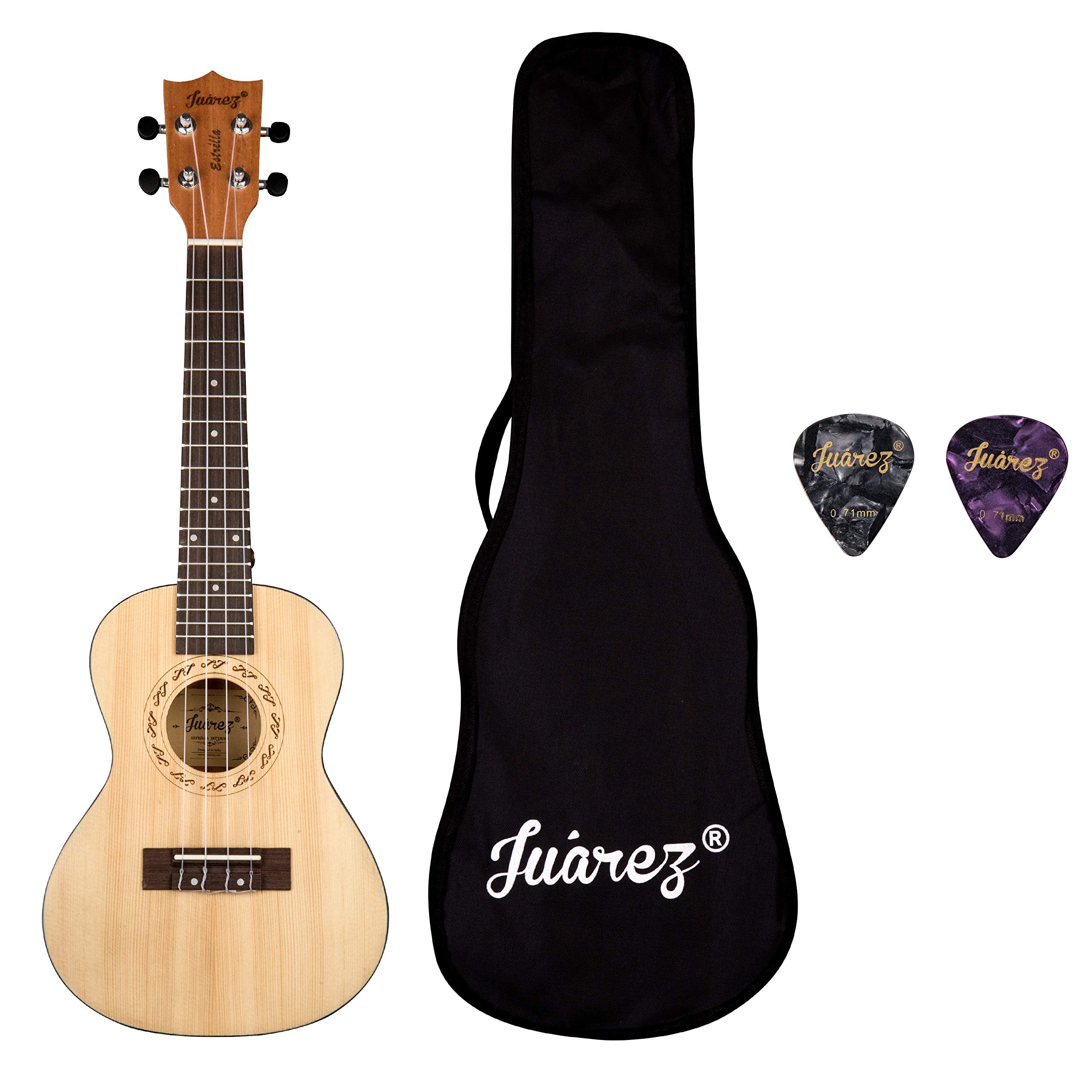 Juarez Estrlla 23 Concert Ukulele, Spruce Top, Mahogany Back & Side, Abs Binding Aquila Italian Strings, Black Diecast Machine, 