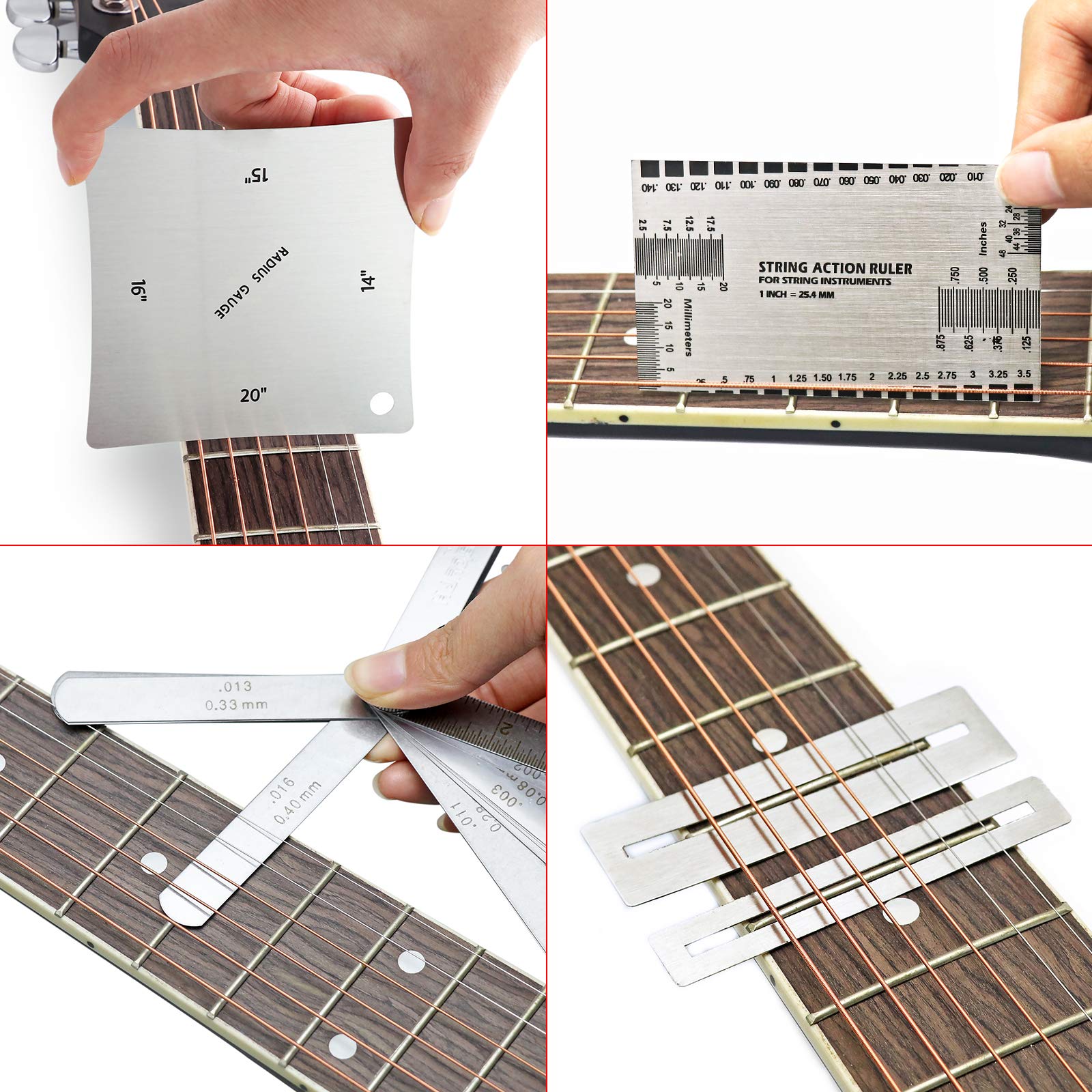 Holmer Guitar Luthier Tools with 15 Blades Feeler Gauge Metric, String Action Gauge Ruler, Fingerboard Fretboard Radius Gauge Me