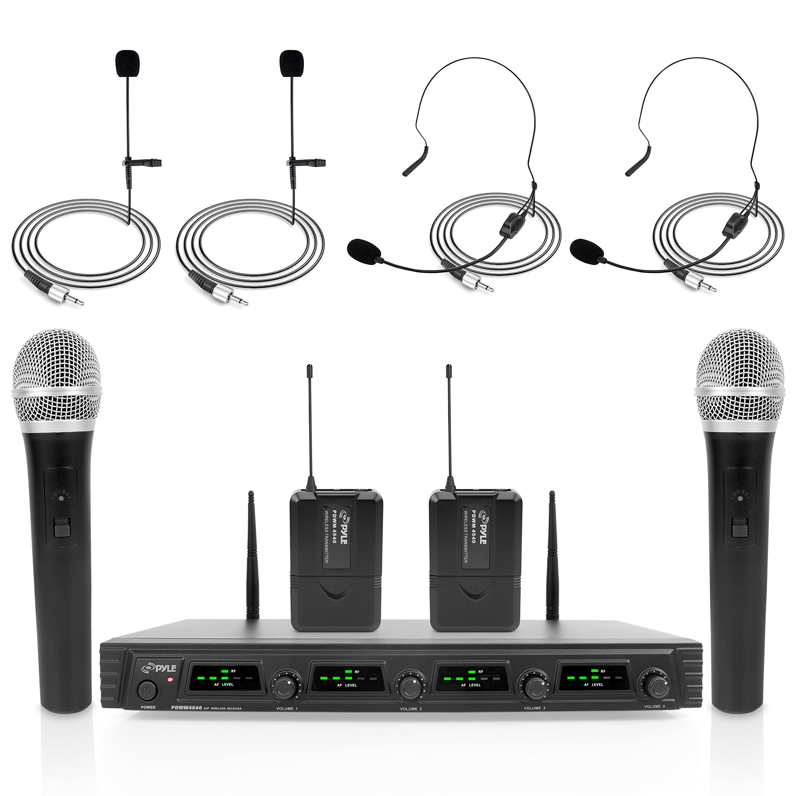 Pyle 4 Channel Wireless Microphone System - Portable Uhf Audio Mic Set With 2 Handheld, 2 Headset, 2 Lavalier Mics, 2 Transmitte