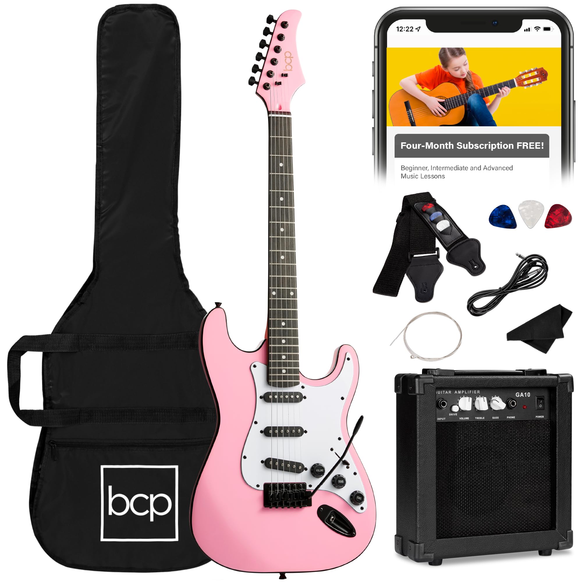 Best Choice Products 39in Full Size Beginner Electric Guitar Starter Kit w/Case, Strap, 11W Amp, Strings, Pick, Tremolo Bar - Pi