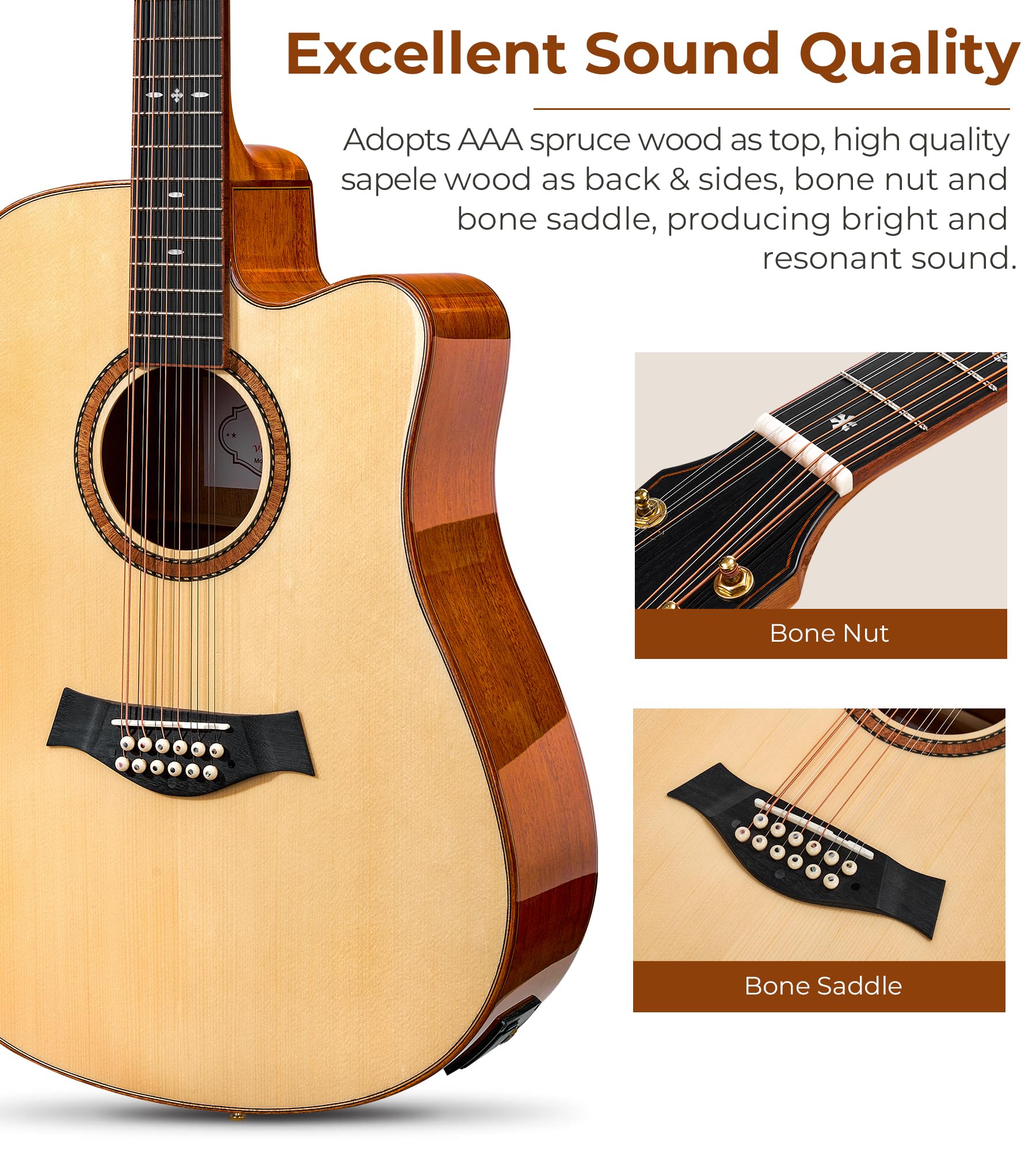 Vangoa Advanced 12 String Guitar Full Size Twelve String Acoustic Electric 4 Band EQ Electroacoustic Guitar Set for Beginner Adu